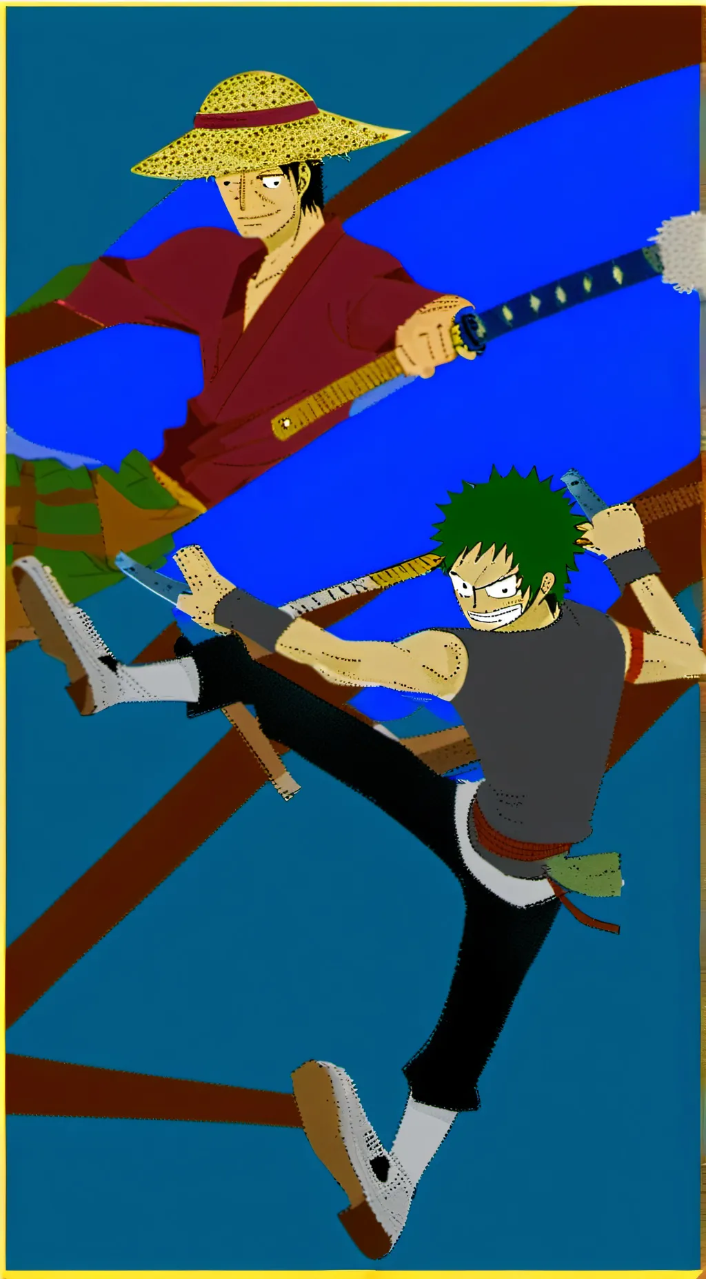 ai character: luffy and zoro  background