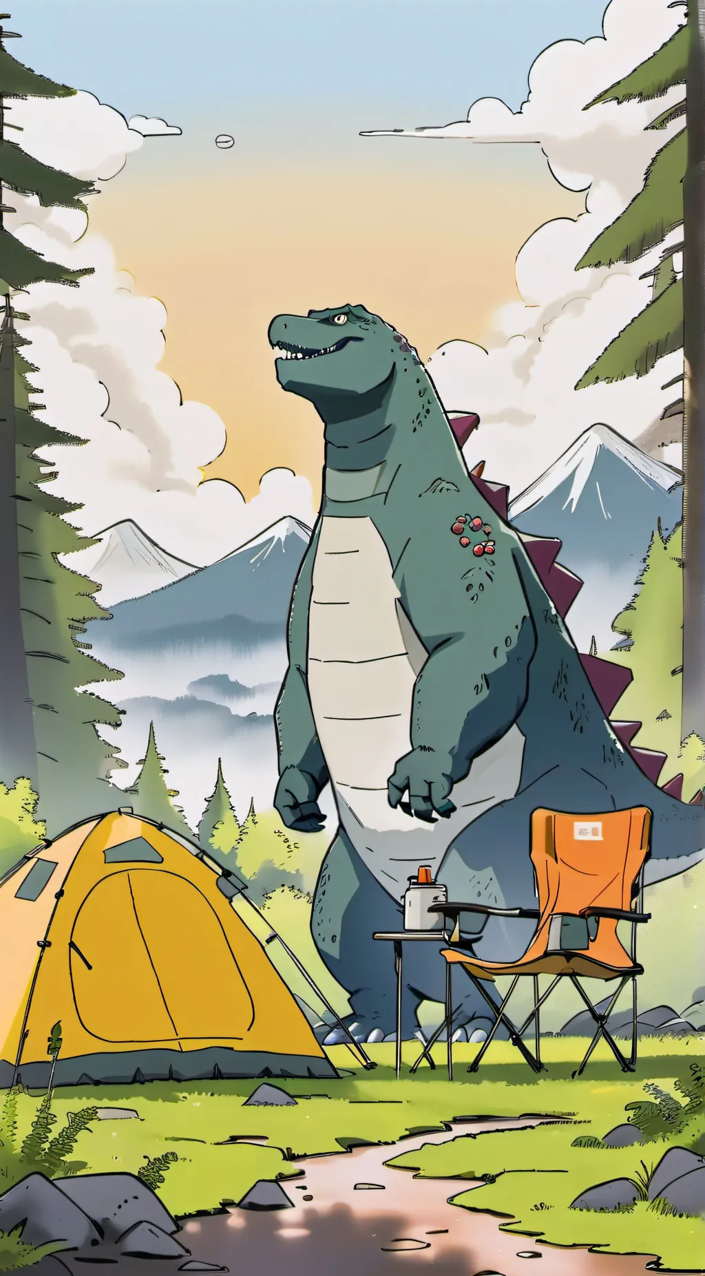 ai character: Godzilla camp trip background