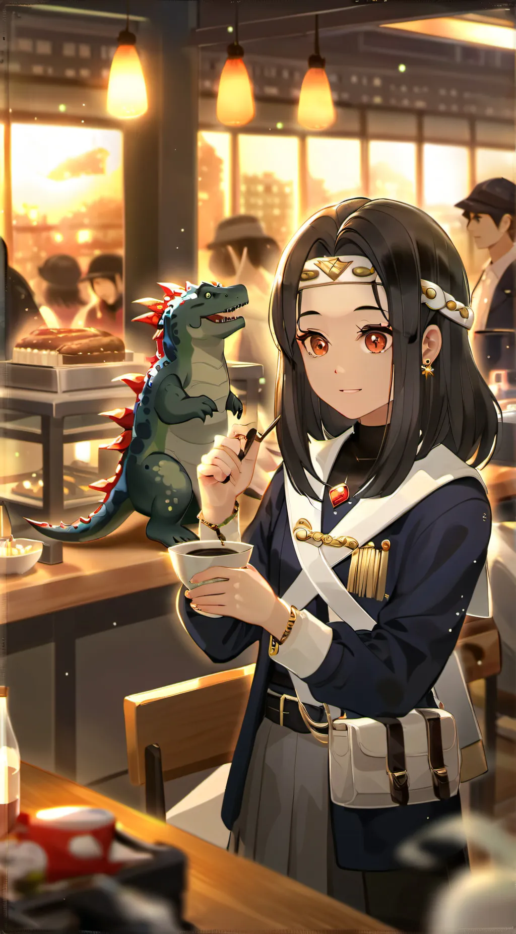 ai character: Kaiju cafe background