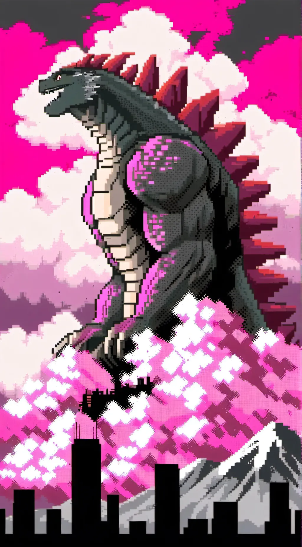 ai character: pink godzilla background