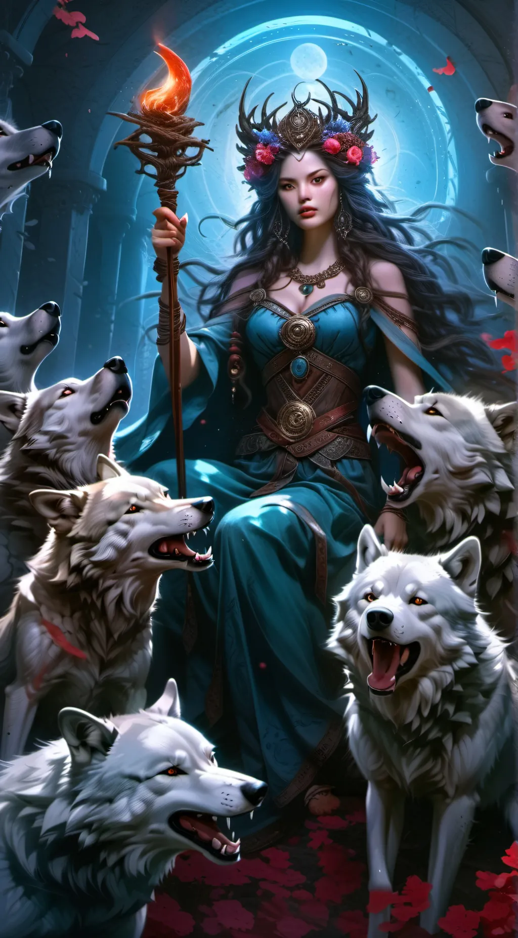 ai character: Wolf goddess Luna  background