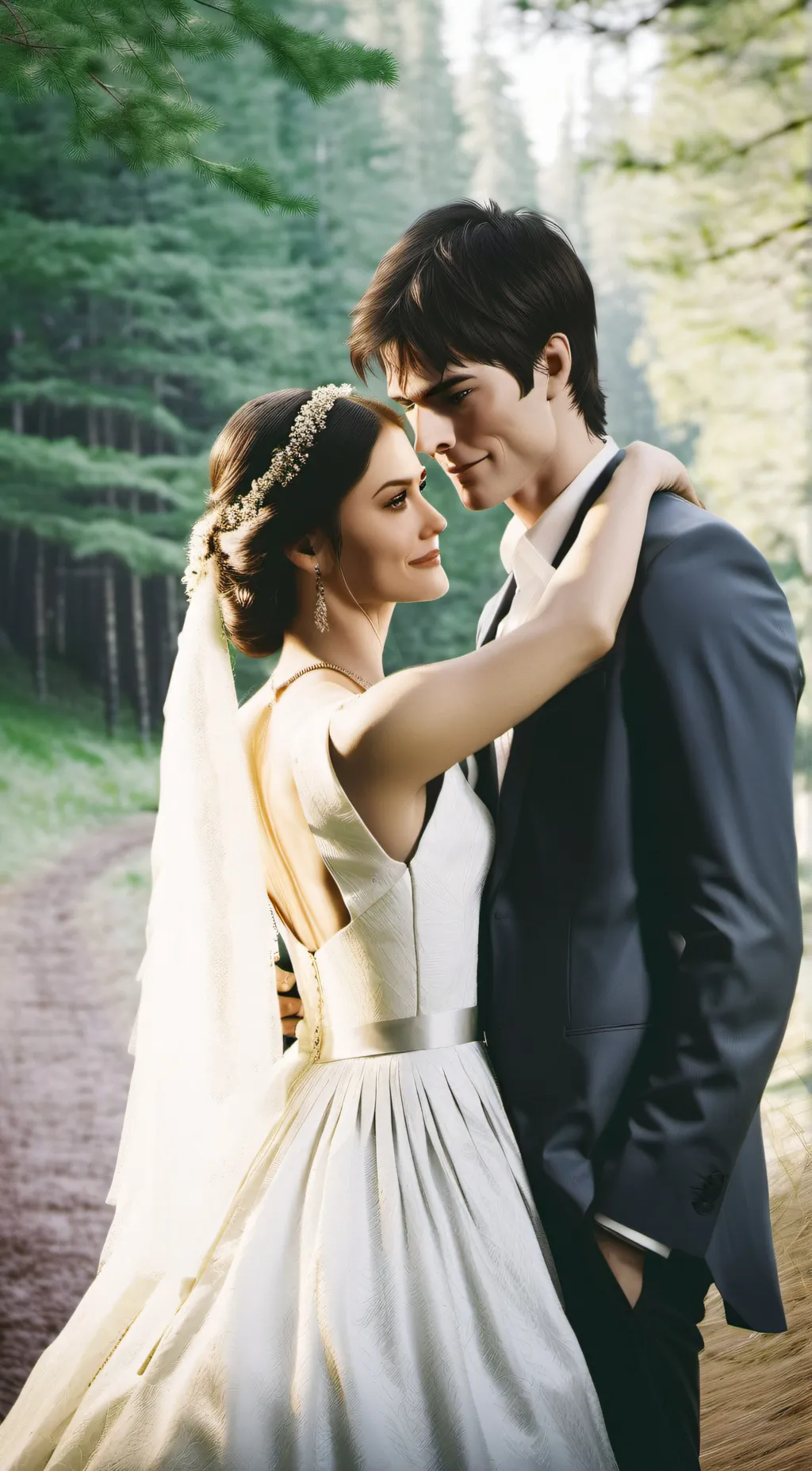 ai character: Elena,DamonWedding background