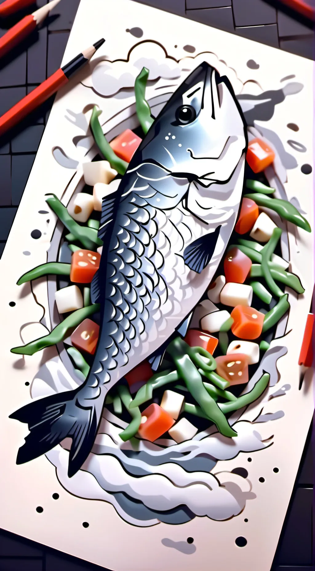 ai character: Beans and fish background