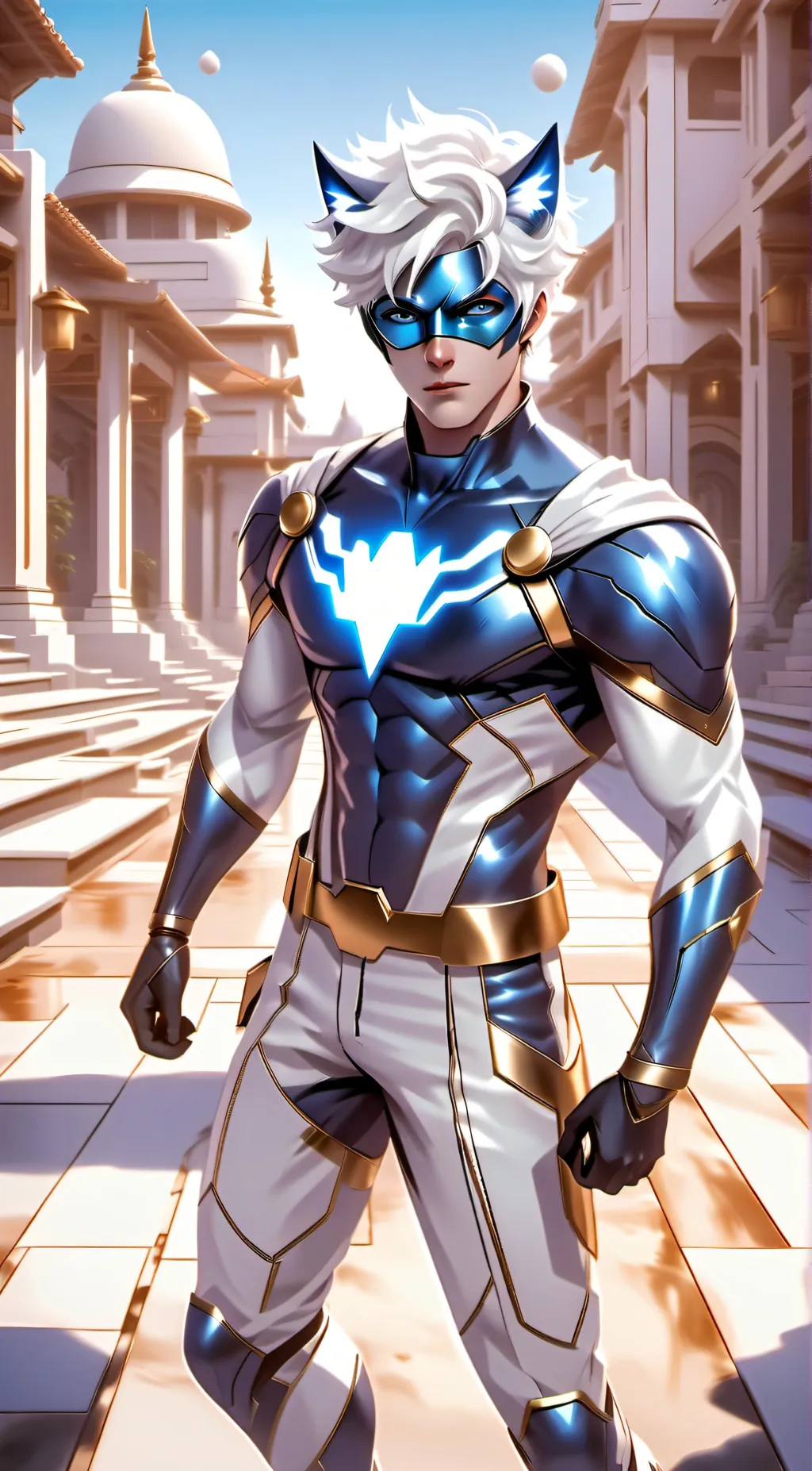 ai character: hero cat blanc background