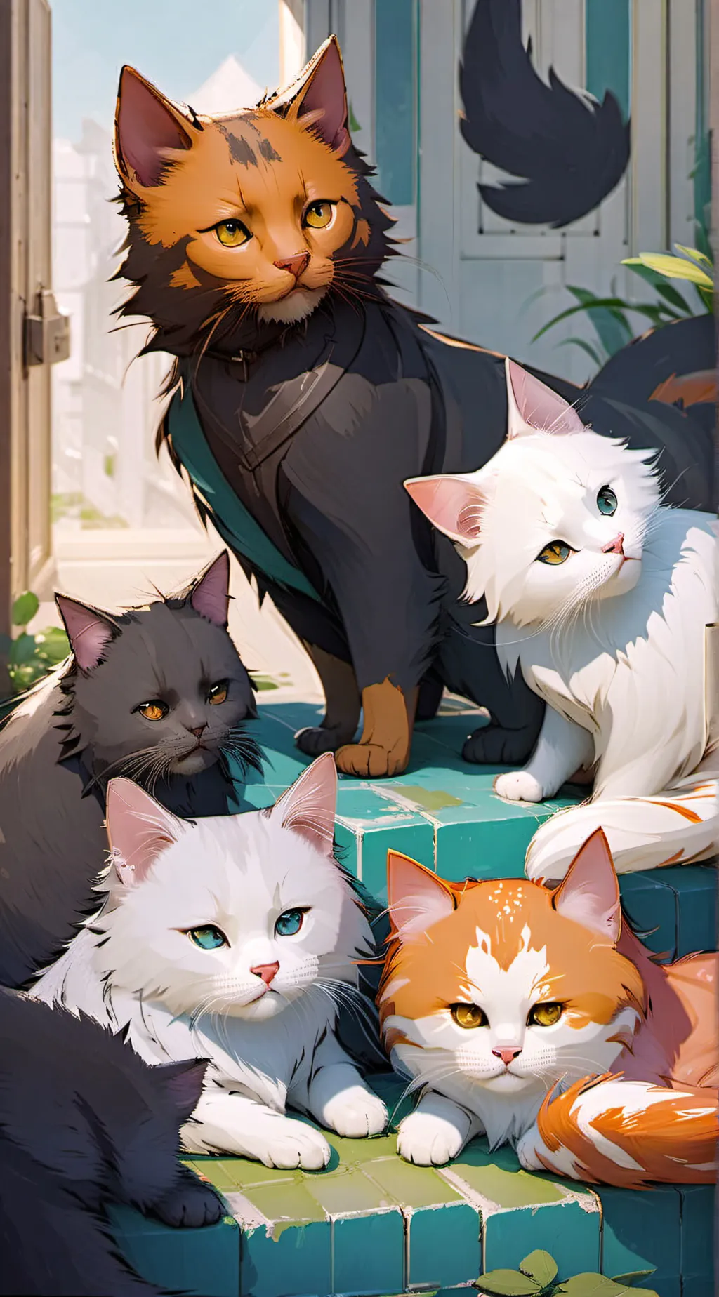 ai character: 5 cats background