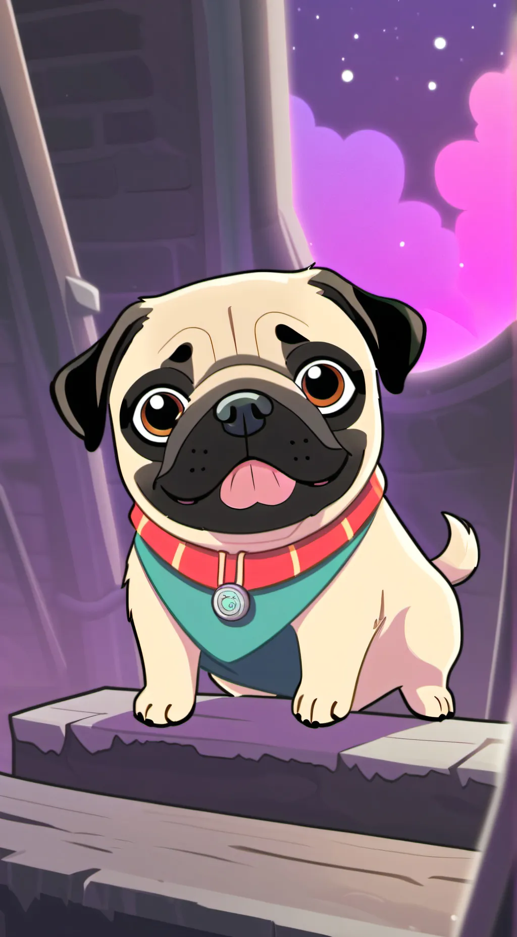 ai character: Cute Pug. background