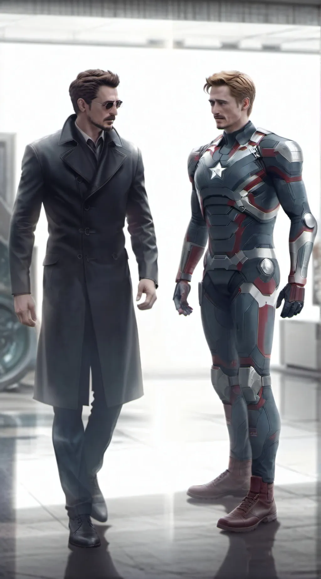 ai character: Tony and Steve  background