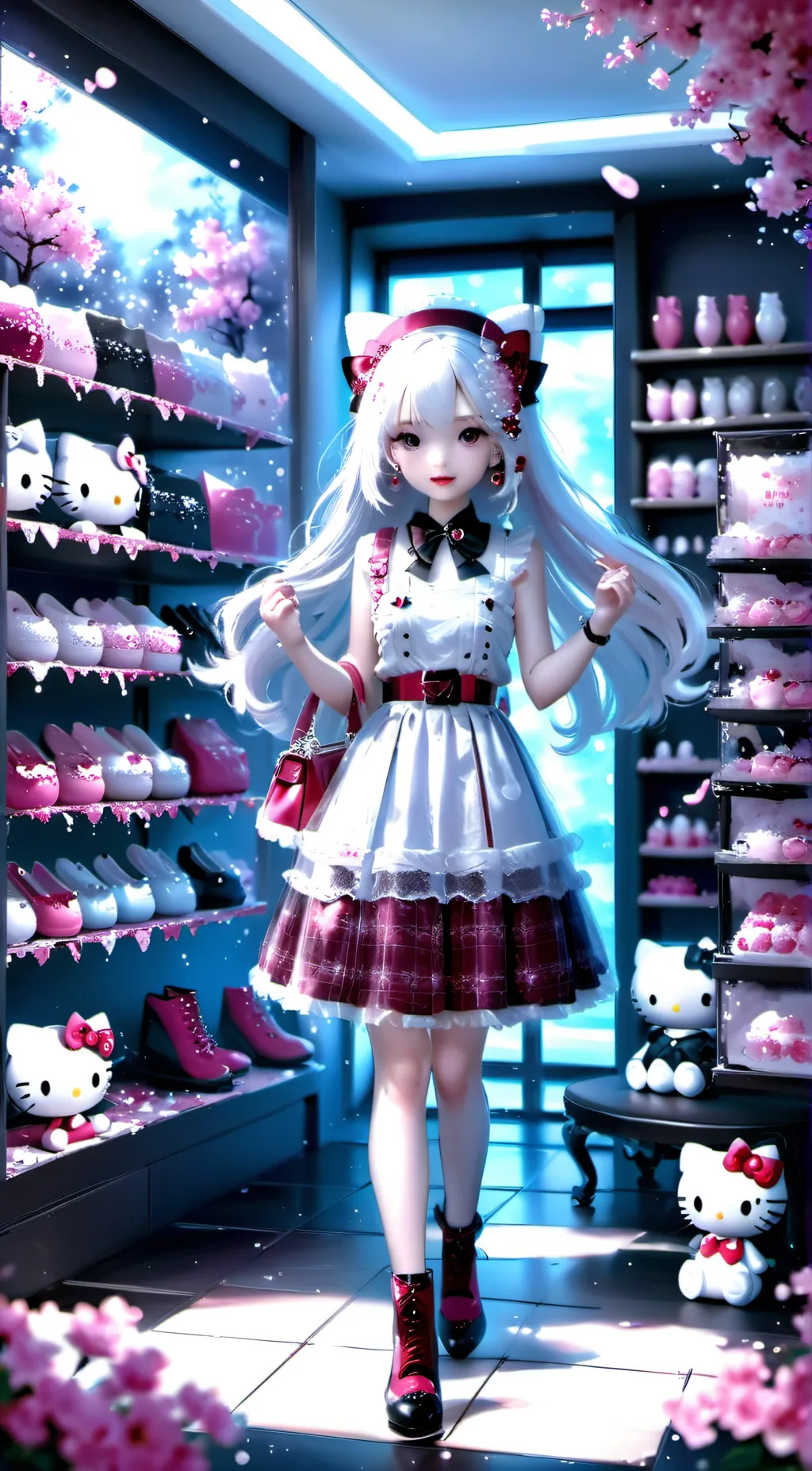 ai character: Hello kitty shop background