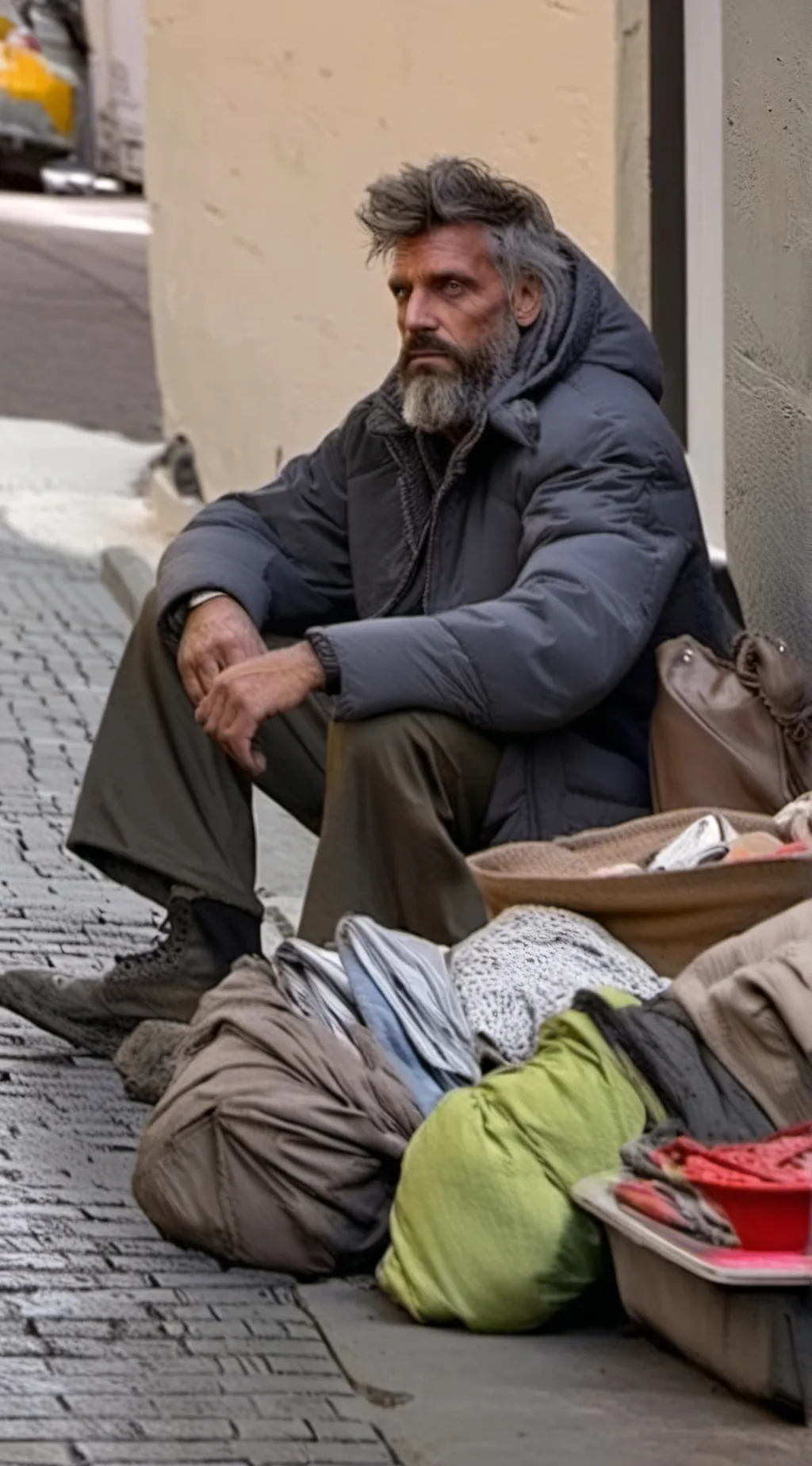 ai character: Homeless man background
