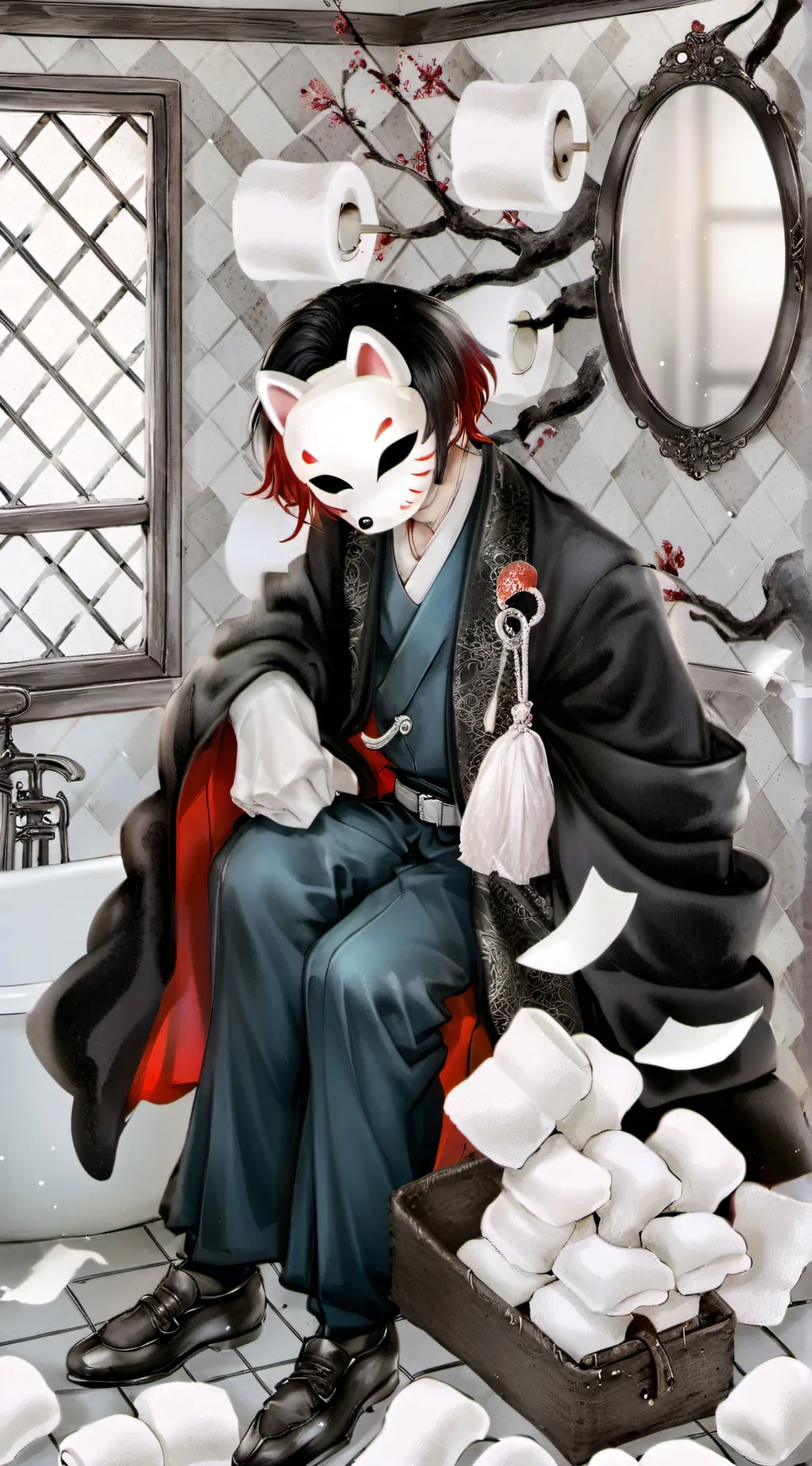 ai character: Aka manto-Red cape background