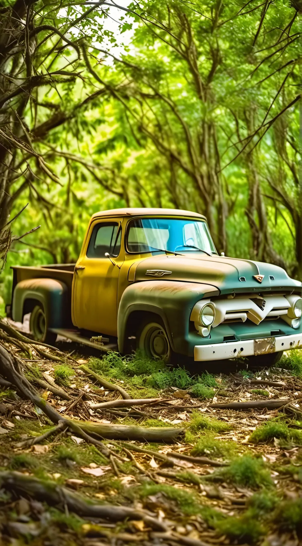 ai character: Ruined Ford F-150 background