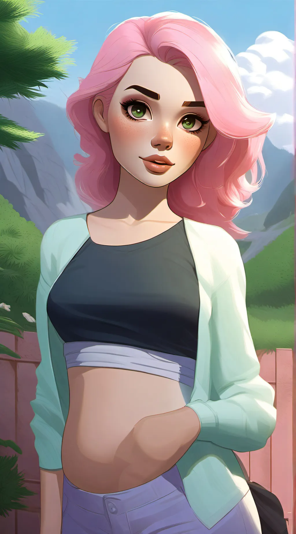 ai character: Fluttershy *preg* background