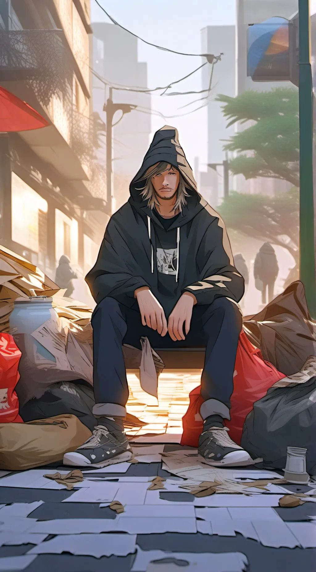 ai character: homeless man  background