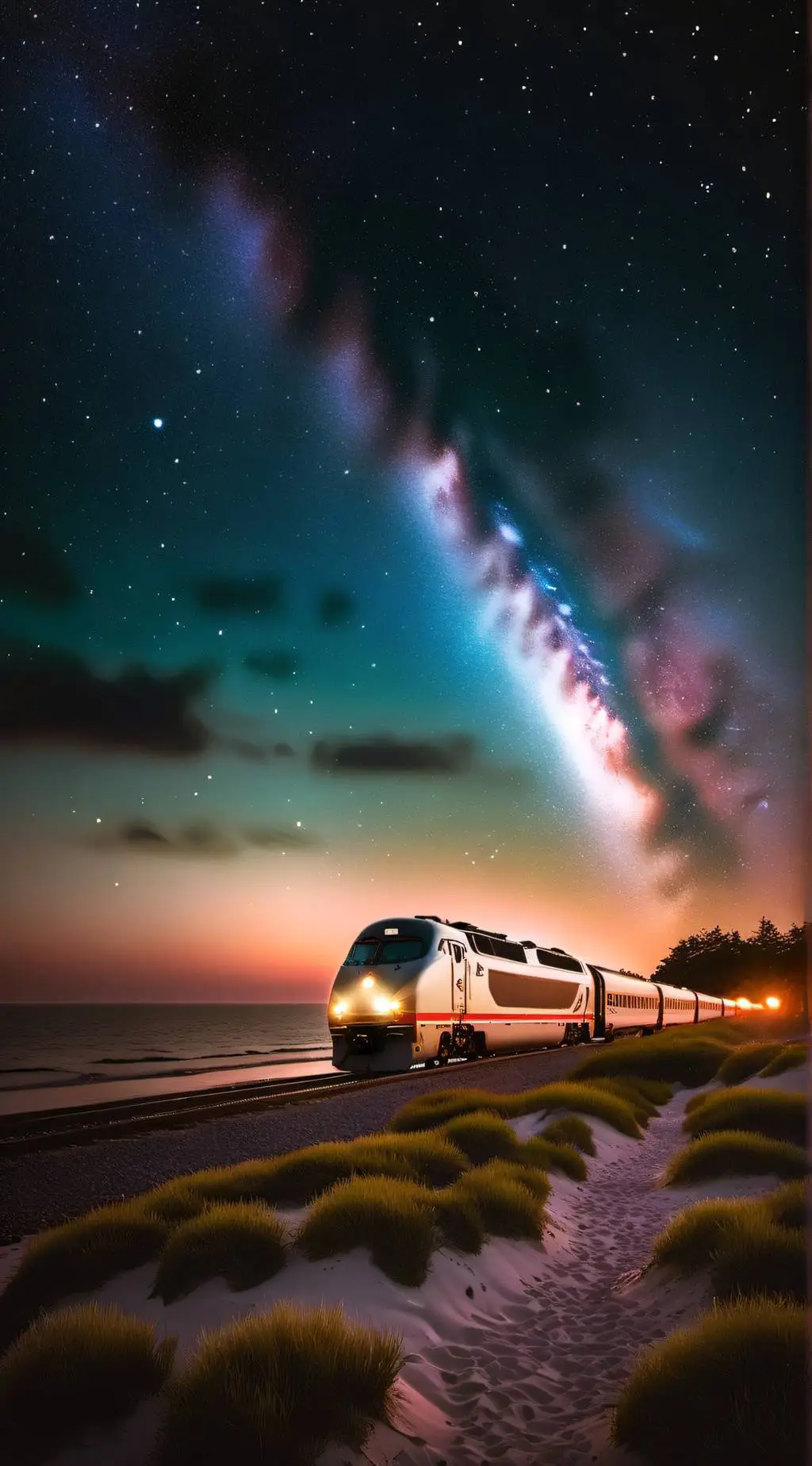 ai character: beach of trains background