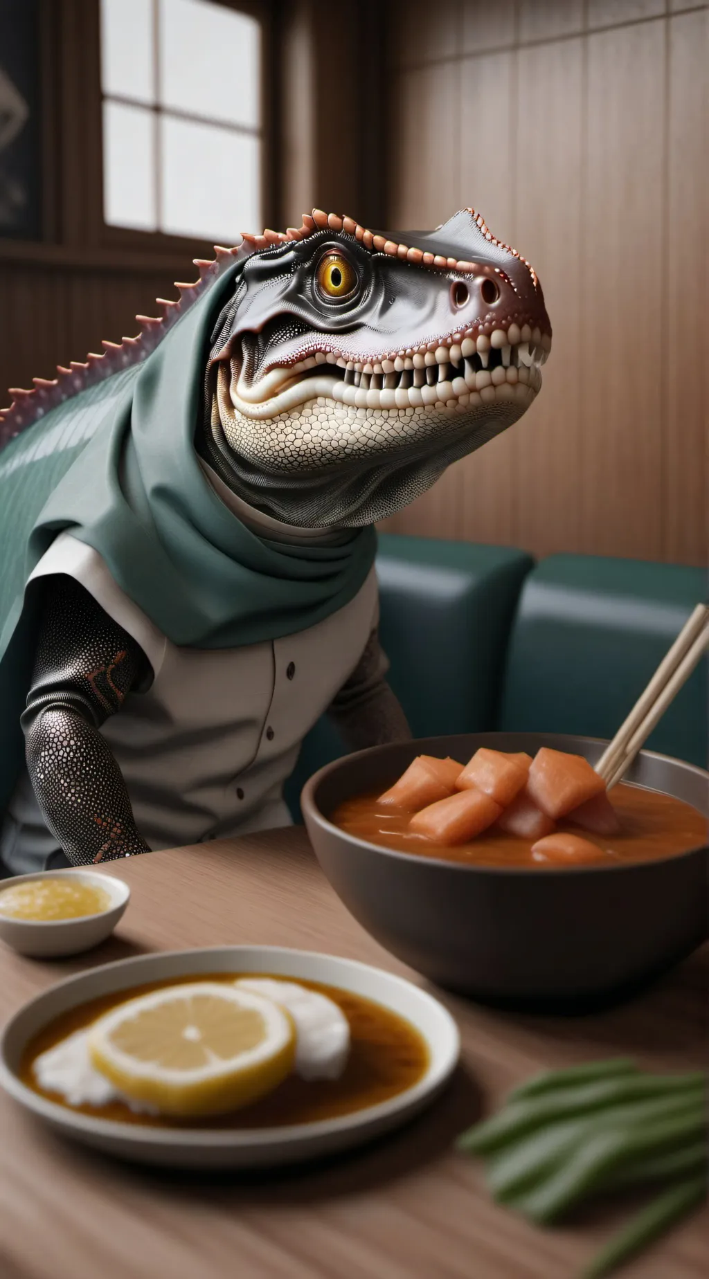 ai character: Dino eat squid background