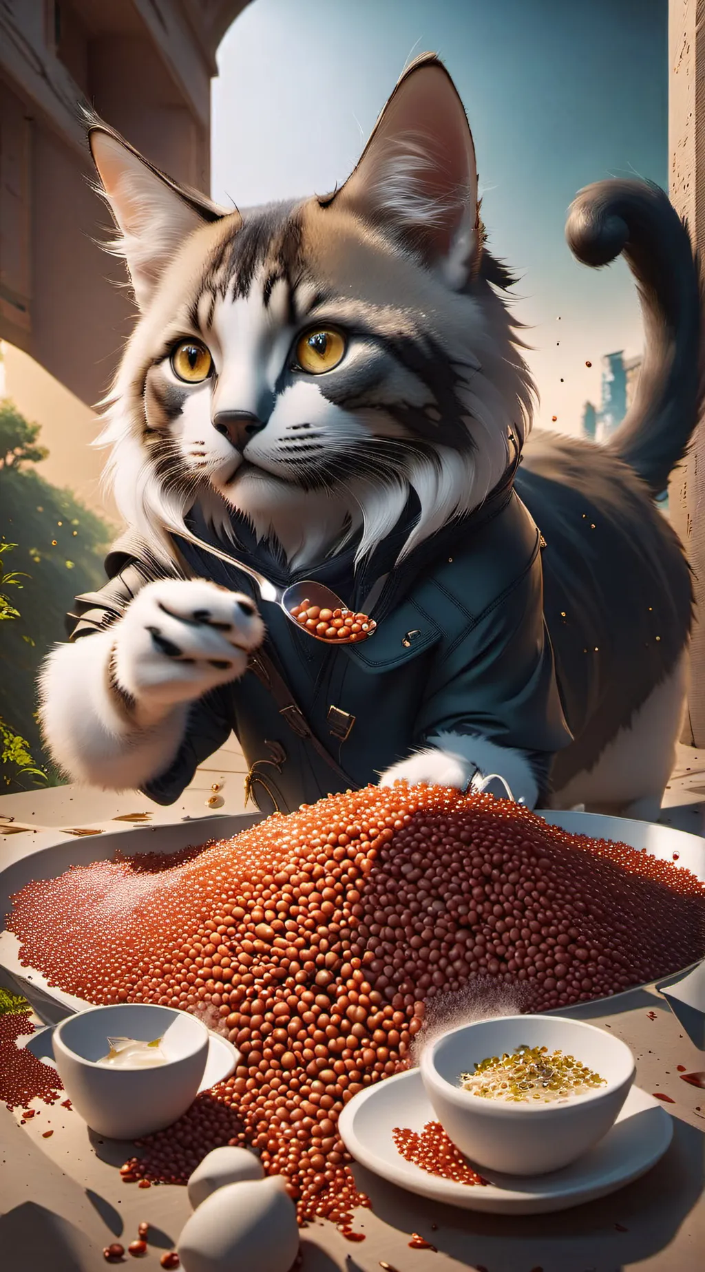 ai character: dinner with a car background