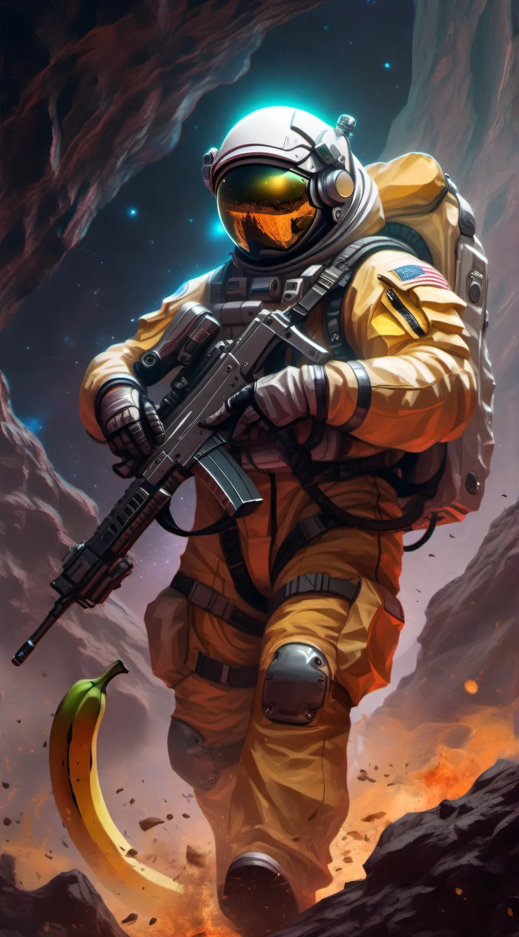 ai character: The cooler banana colored among us character background