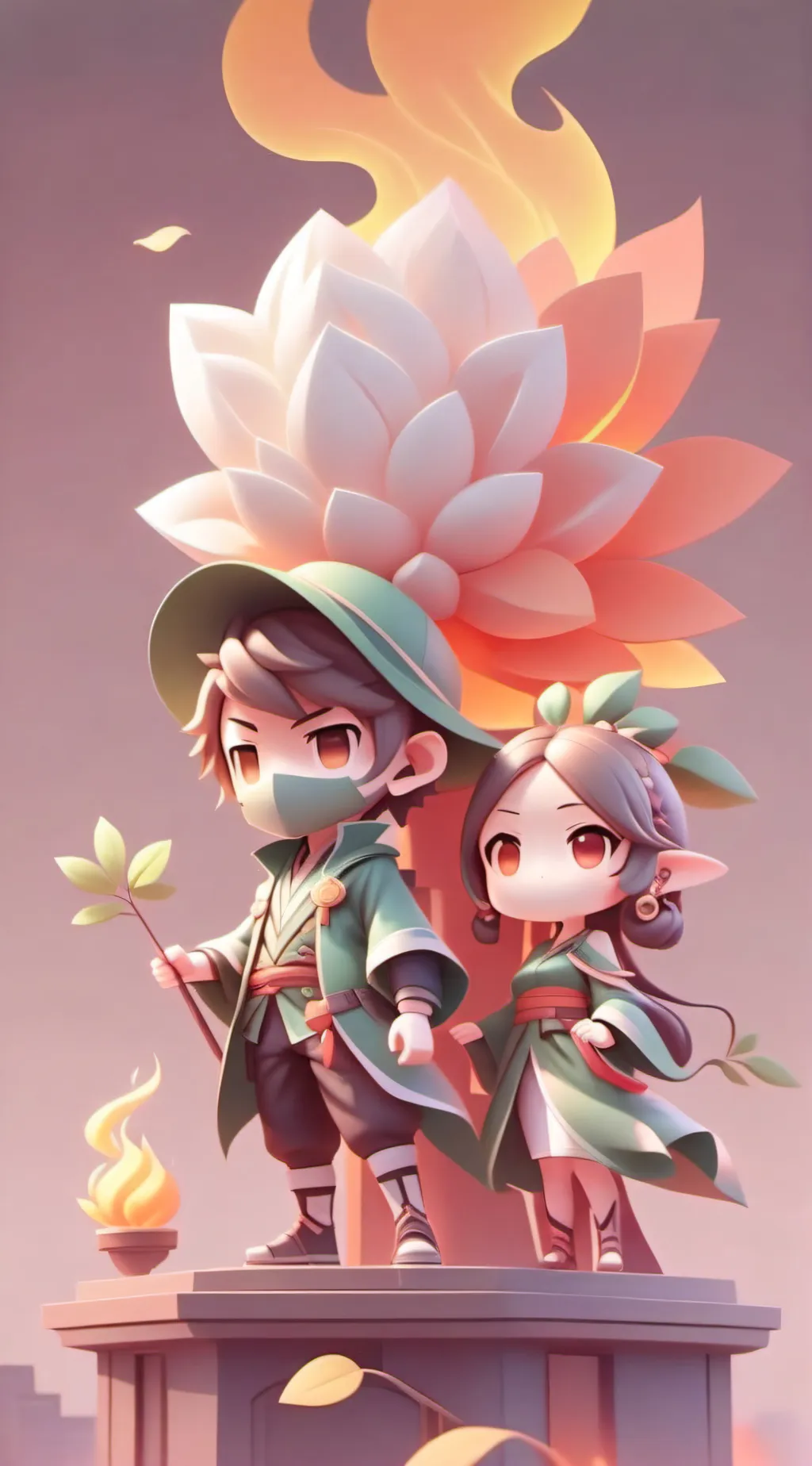 ai character: leafy and firey background