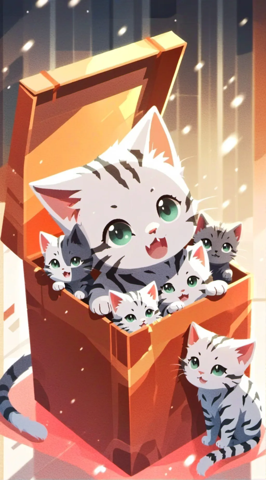 ai character: mama cat,kittens background
