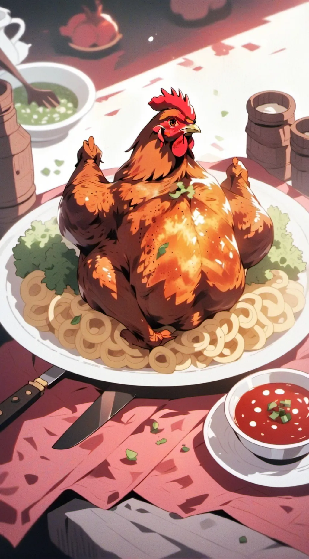 ai character: chicken farm background