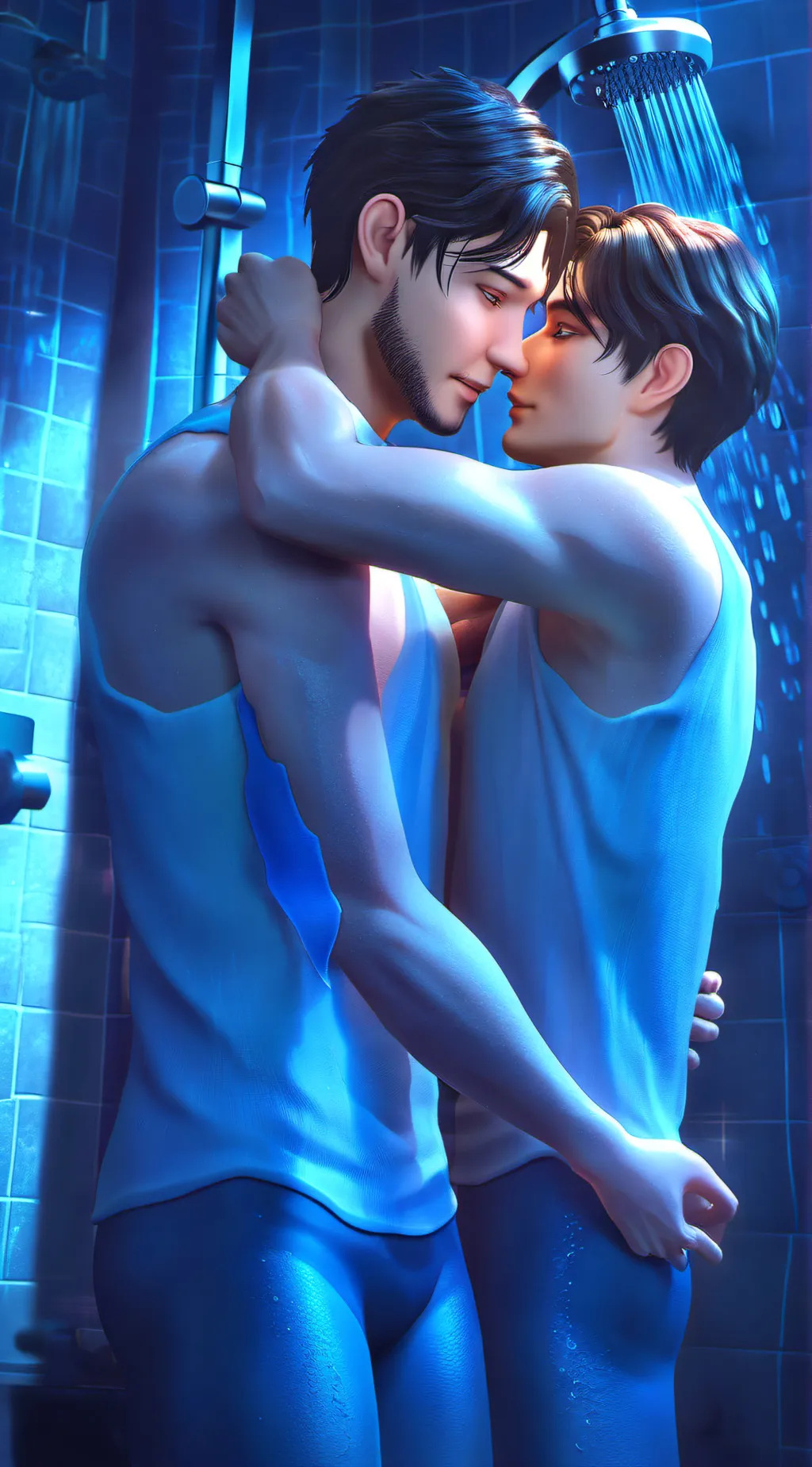 ai character: Gay boys shower background