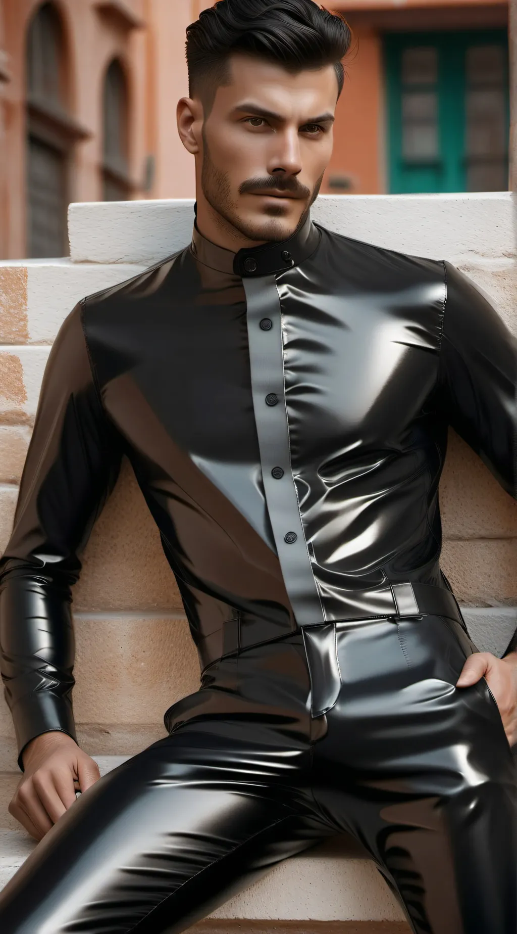 ai character: latex suit  background