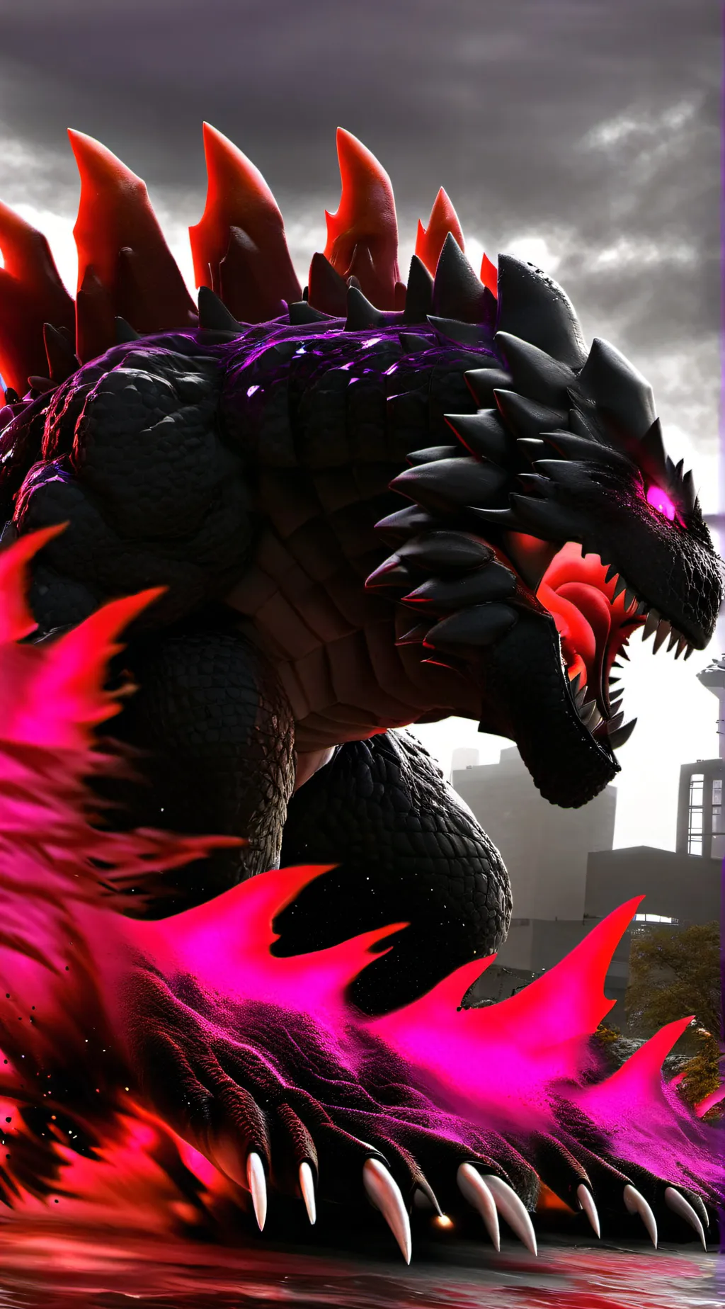 ai character: Godzilla  background