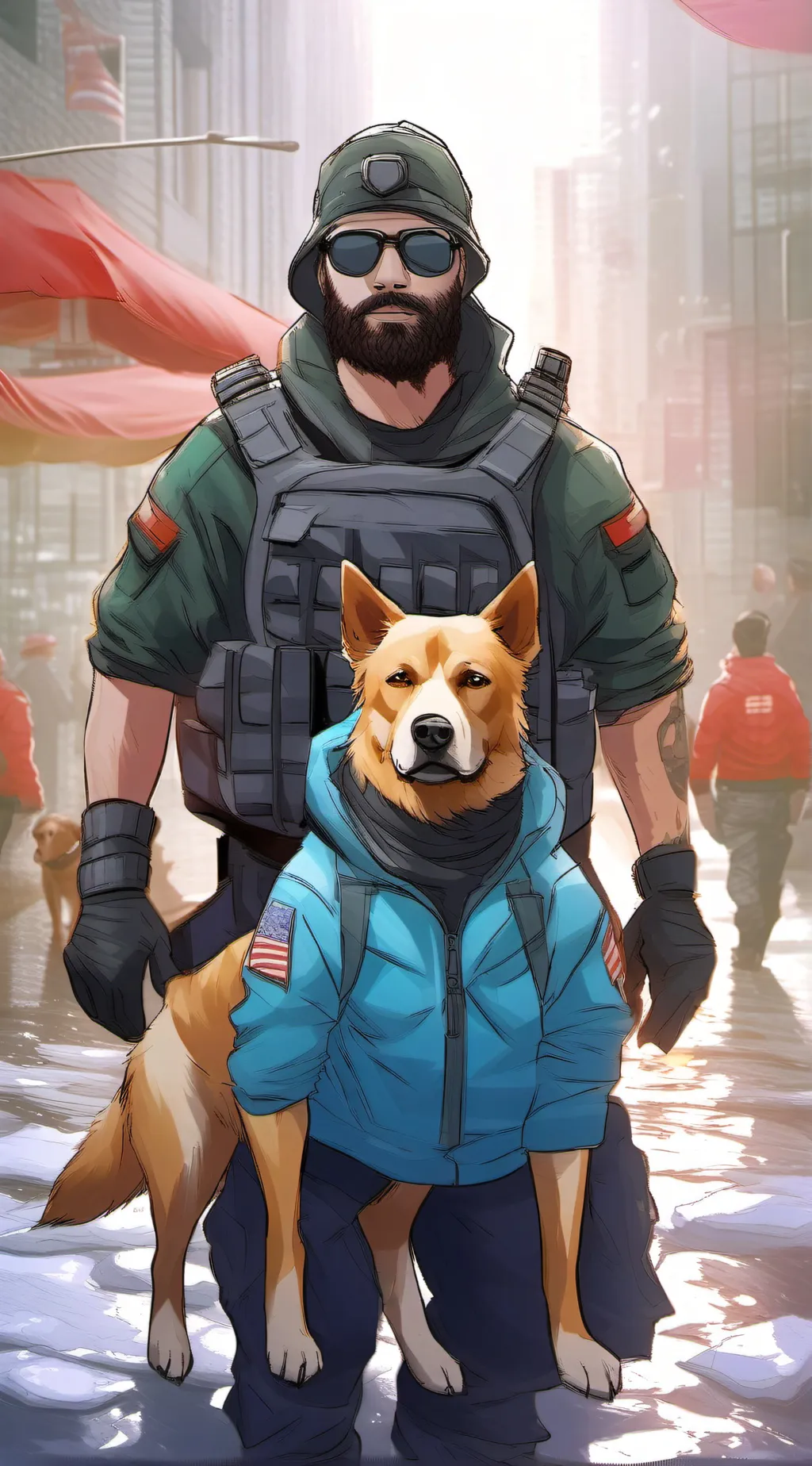 ai character: Doggy and a man background
