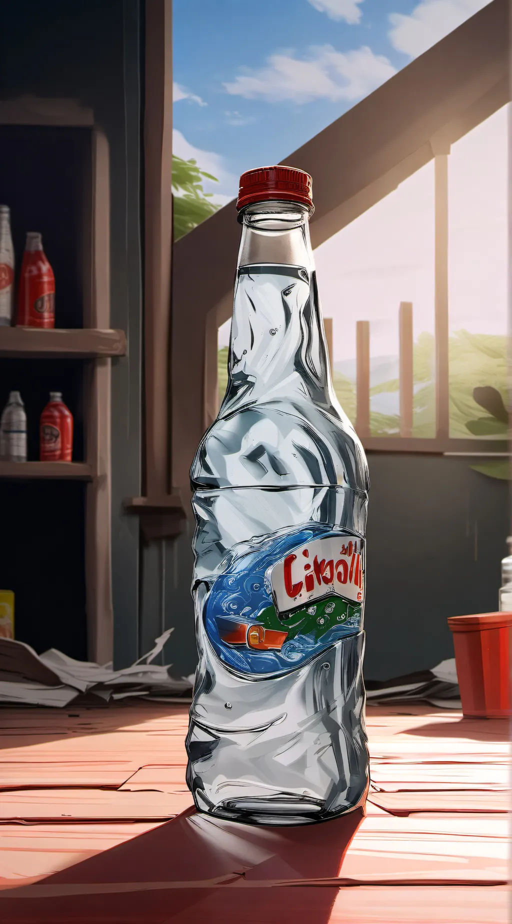 ai character: water bottle background