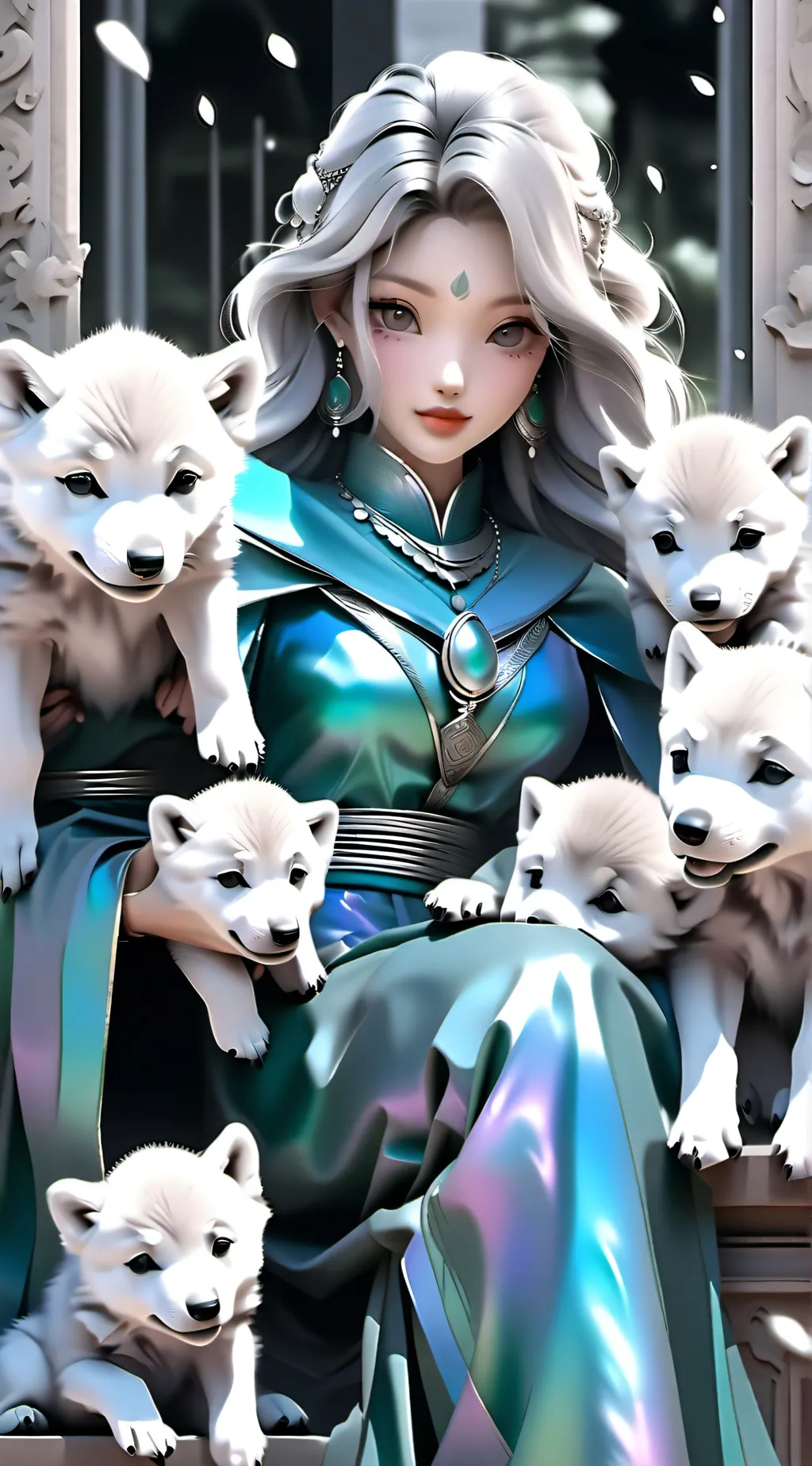 ai character: five wolf pups/mum background