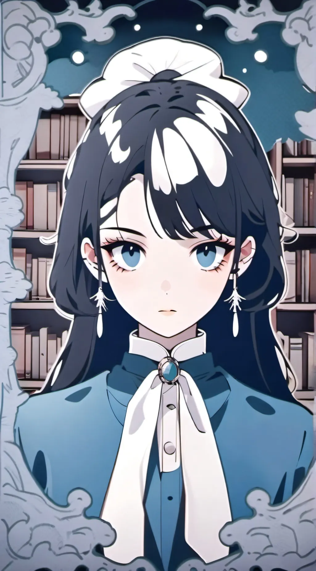 ai character: Karen in a library background