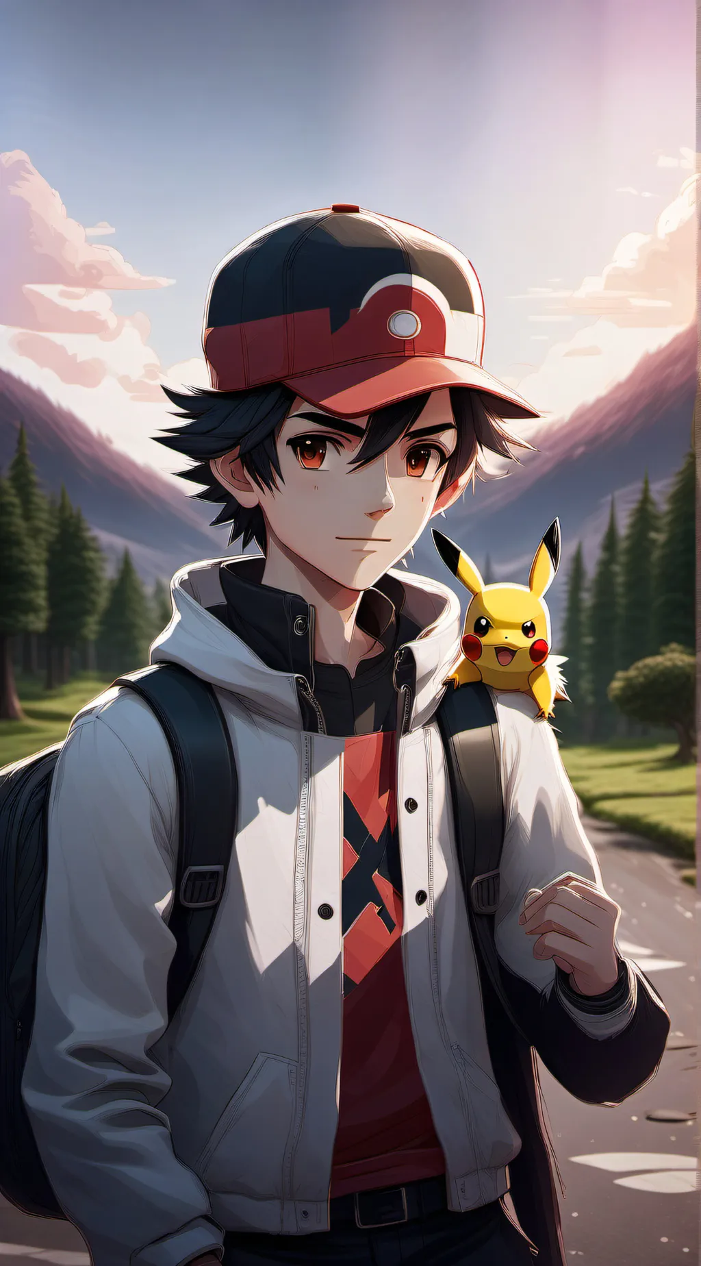 ai character: Ash and Pikachu  background