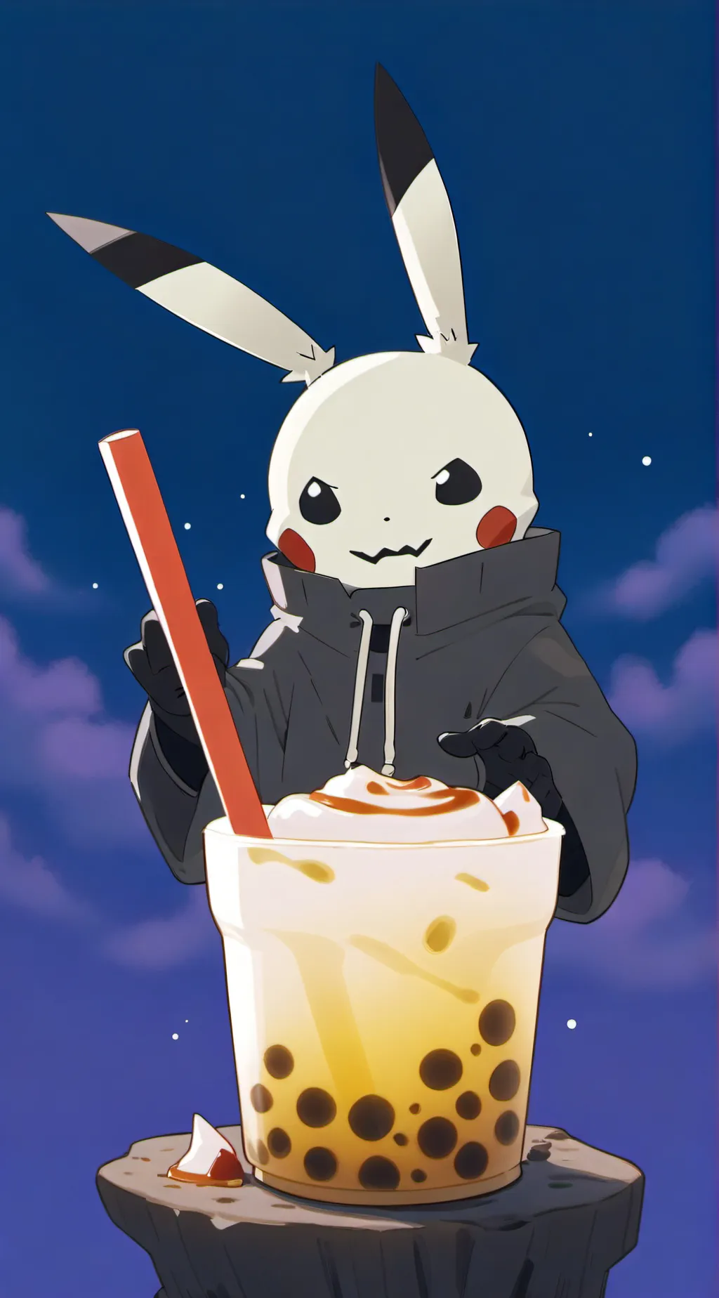 ai character: mimikyu with boba background