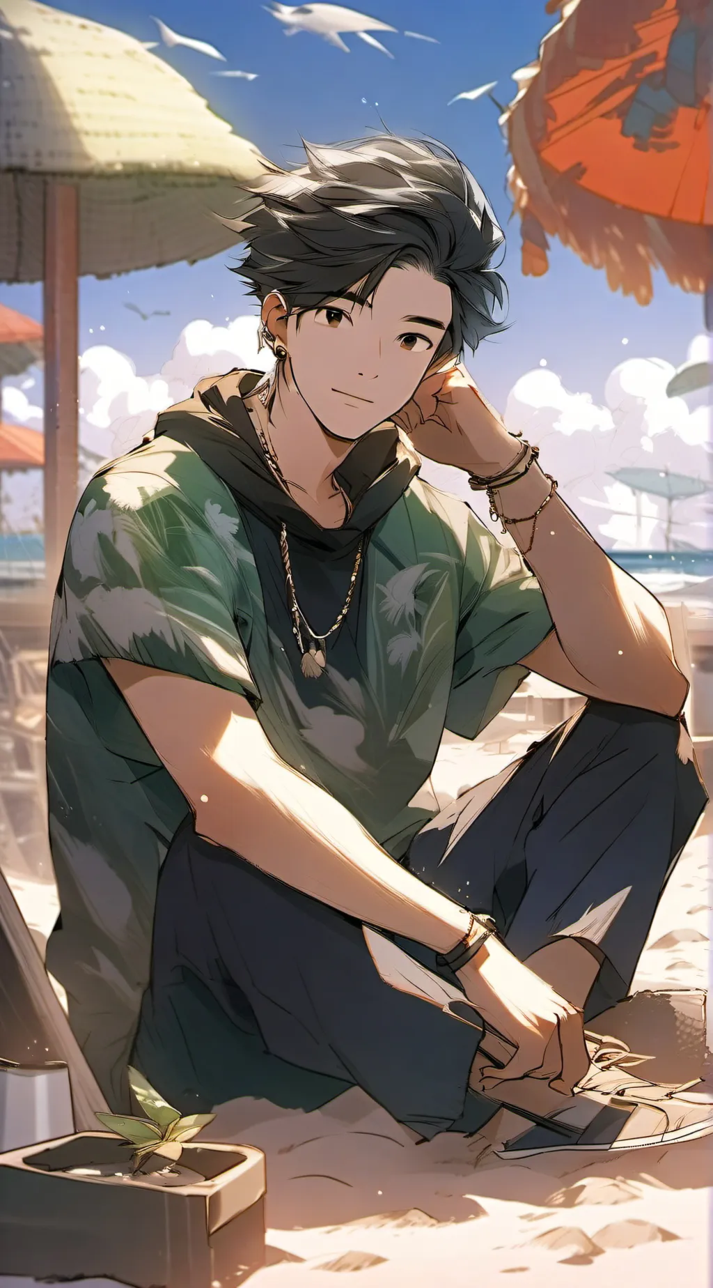 ai character: Enhypen (beach) background