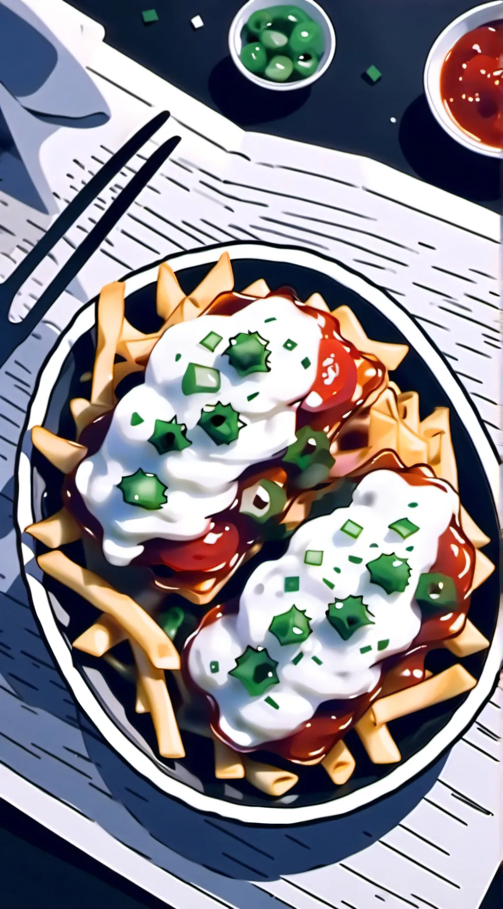 ai character: fries lasagna  background