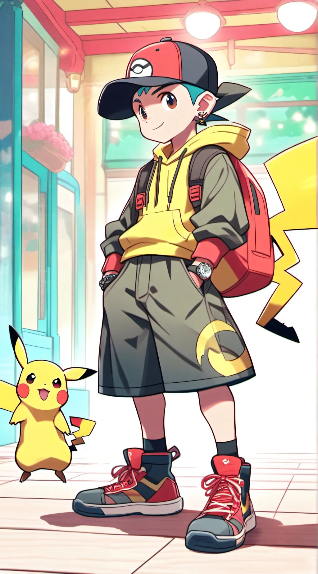 ai character: Ash and Pikachu  background