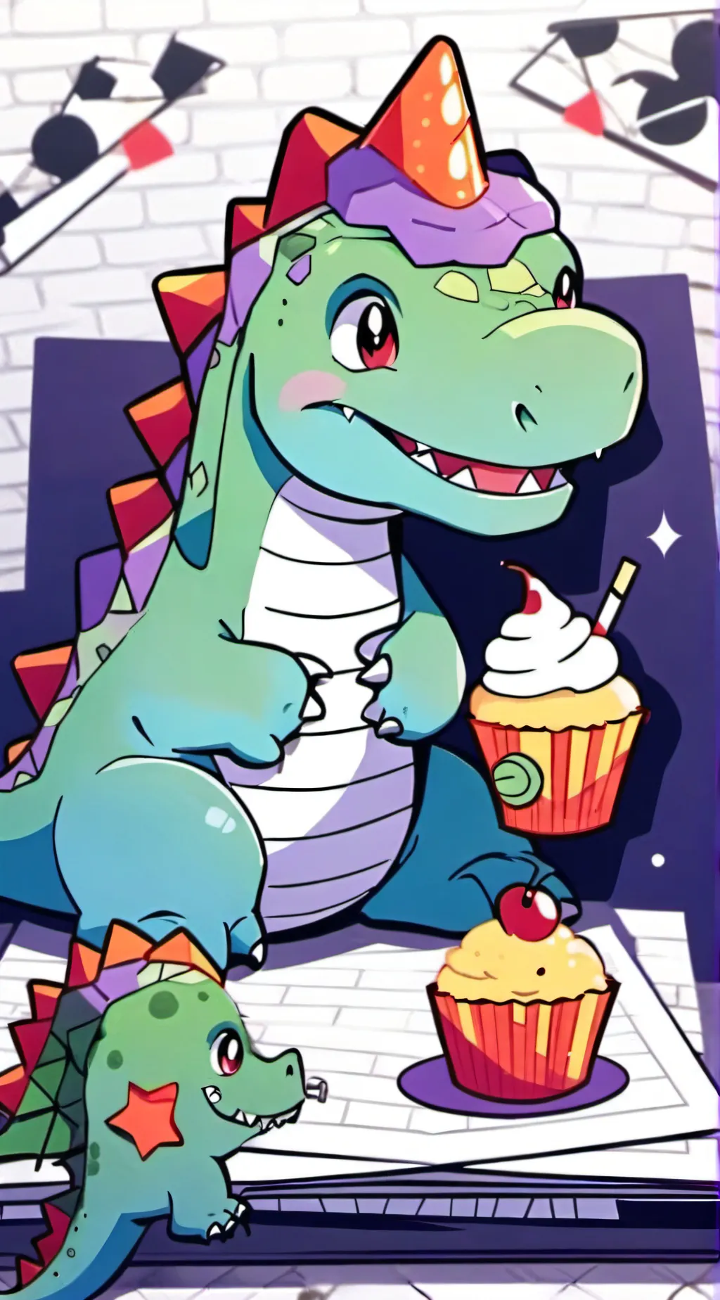 ai character: Cupcake and Dino background