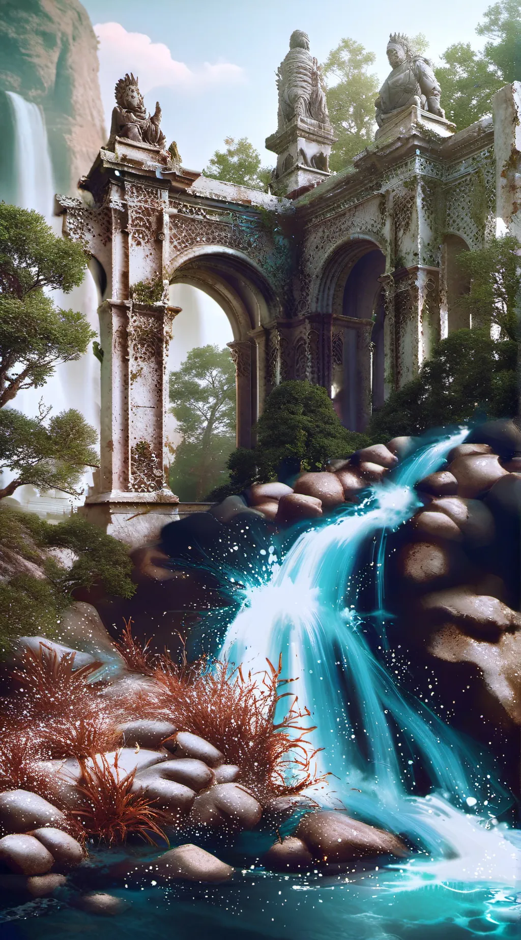 ai character: waterfall background