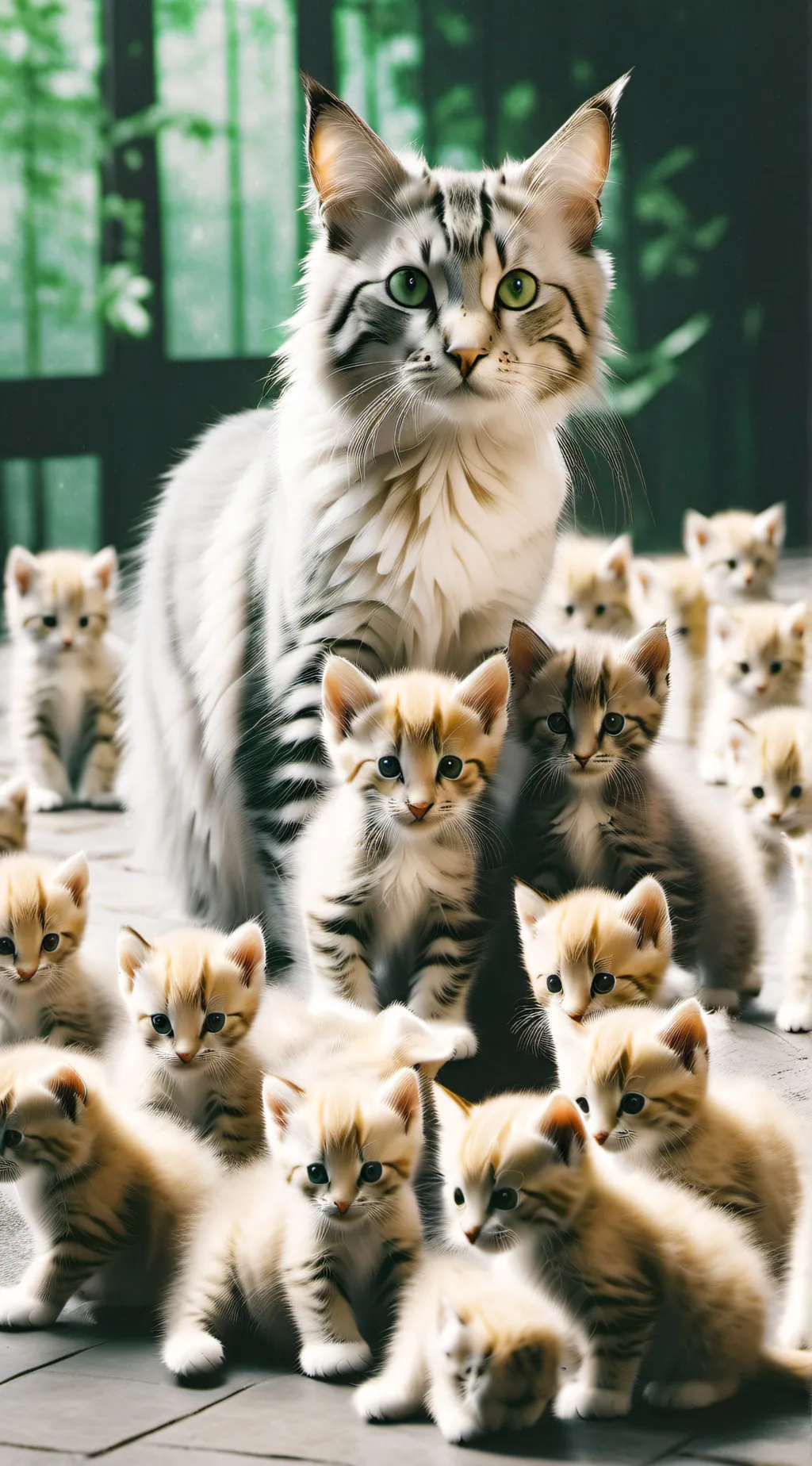 ai character: mama cat+babies background