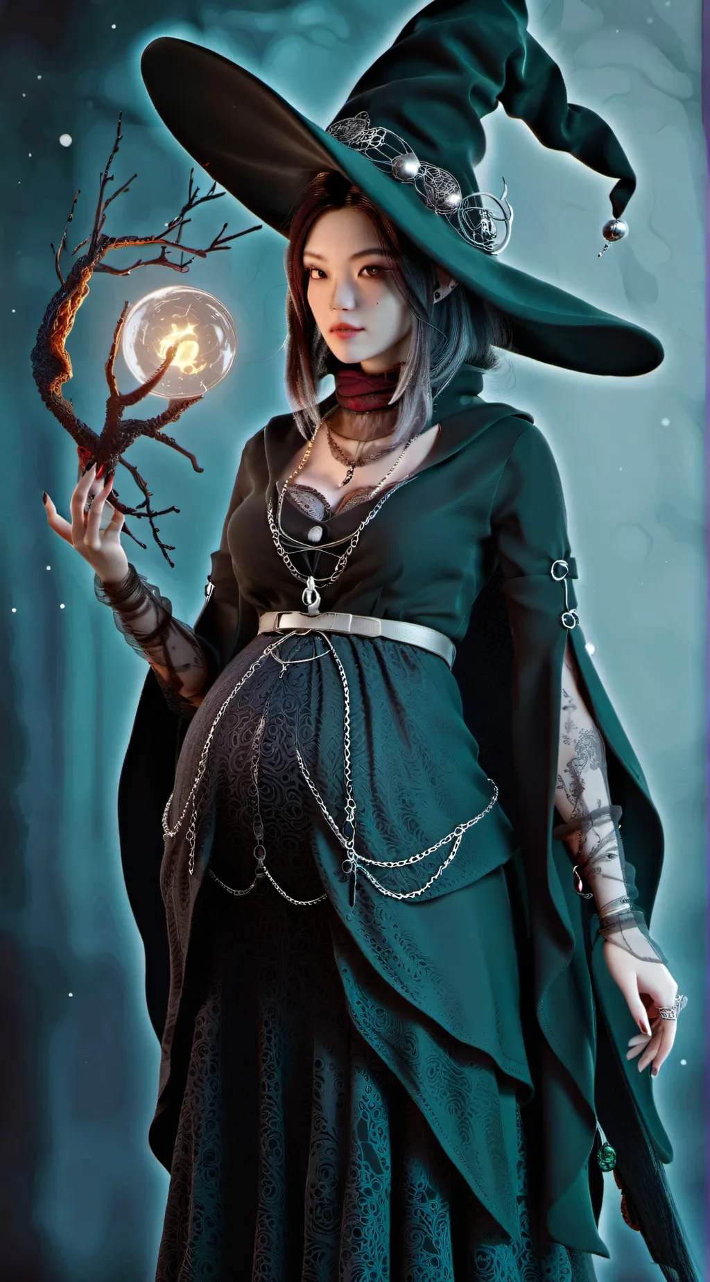 ai character: pregnant witch background