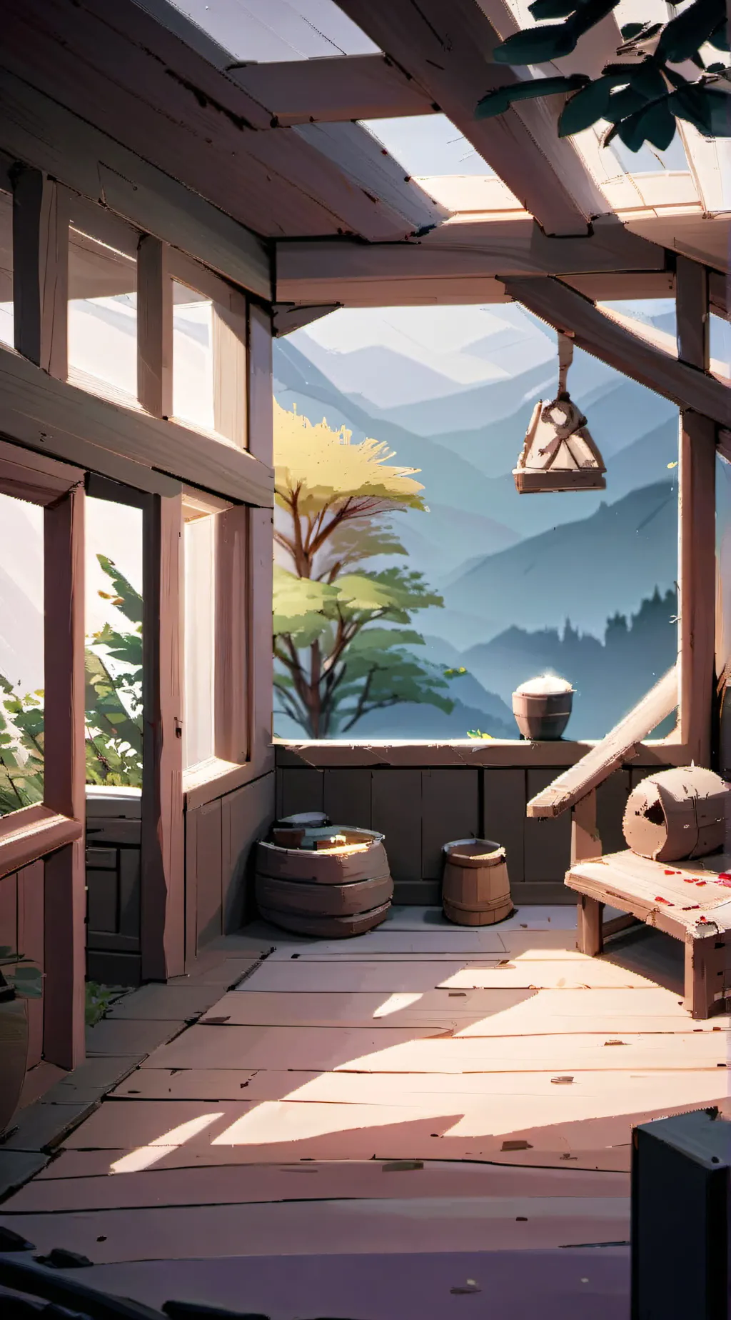 ai character: wooden house background