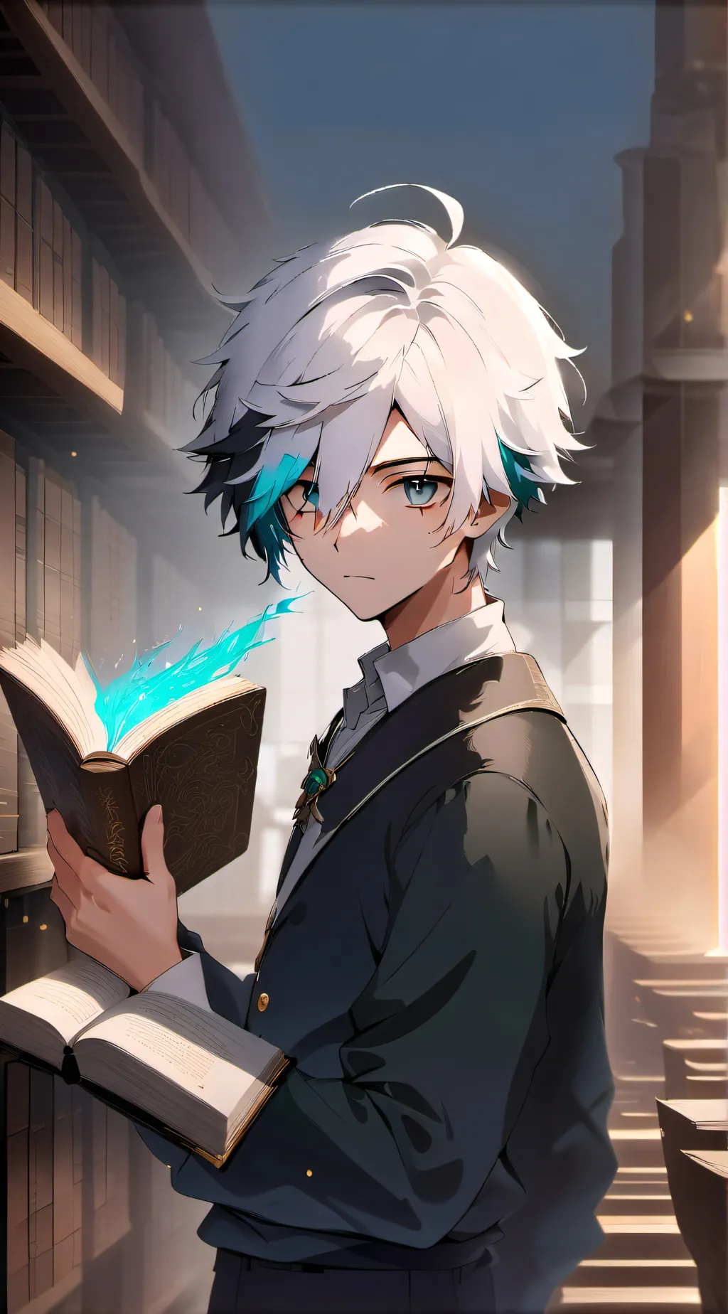 ai character: Xavier/ Library background
