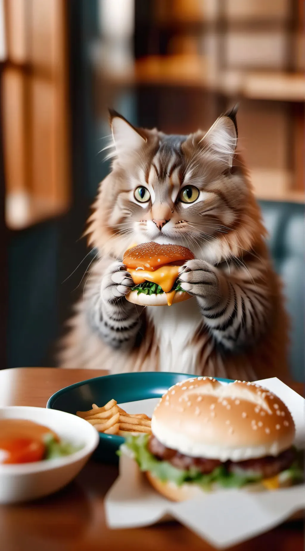 ai character: Cat with Burger background