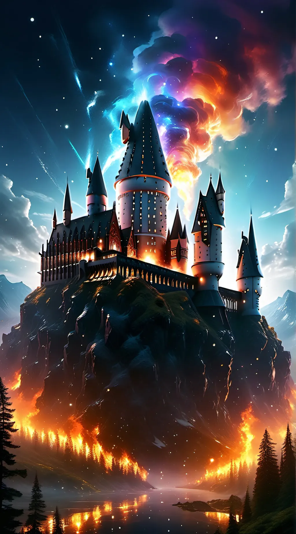 ai character: Hogwarts on fire! background