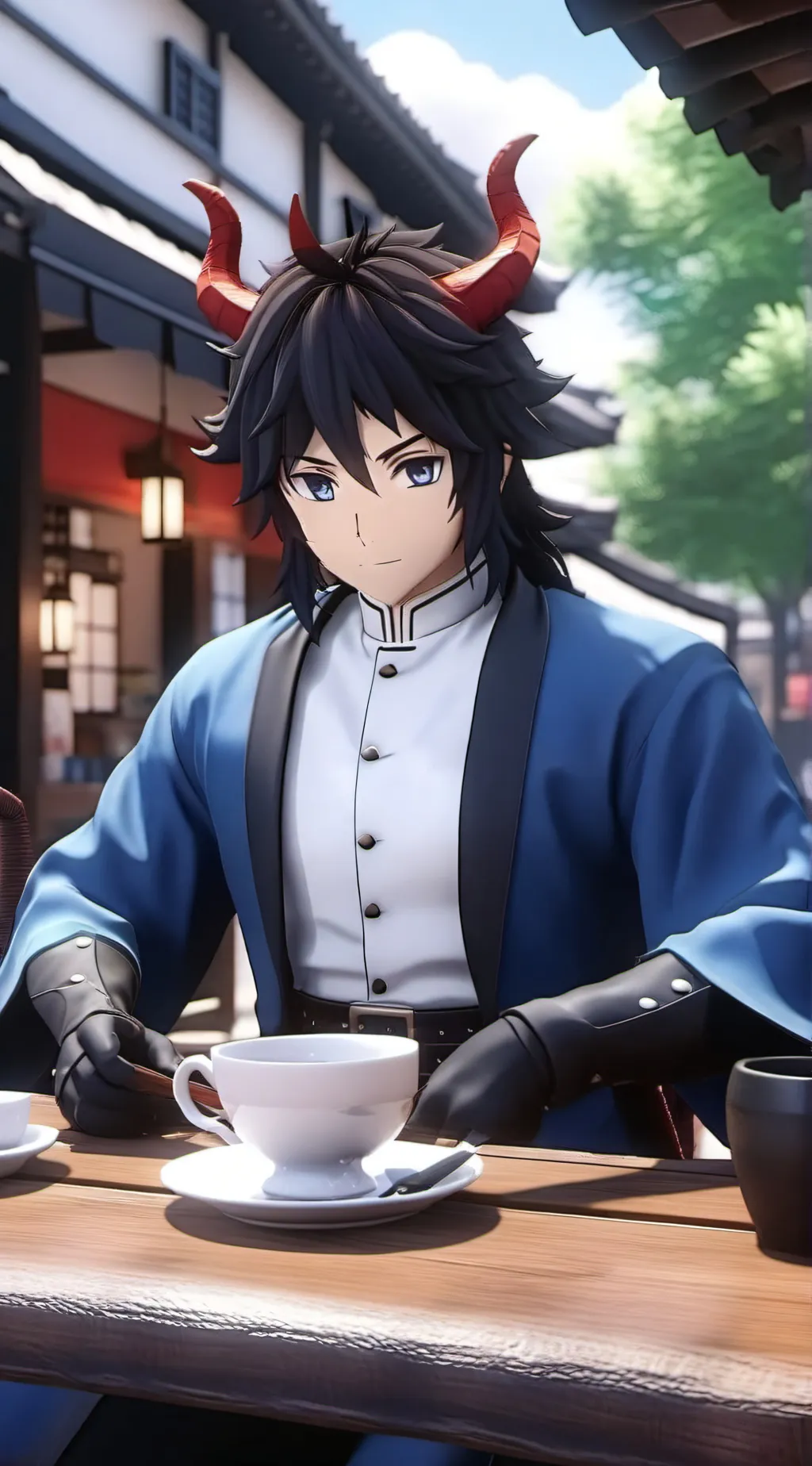 ai character: Hashira at a cáfe background