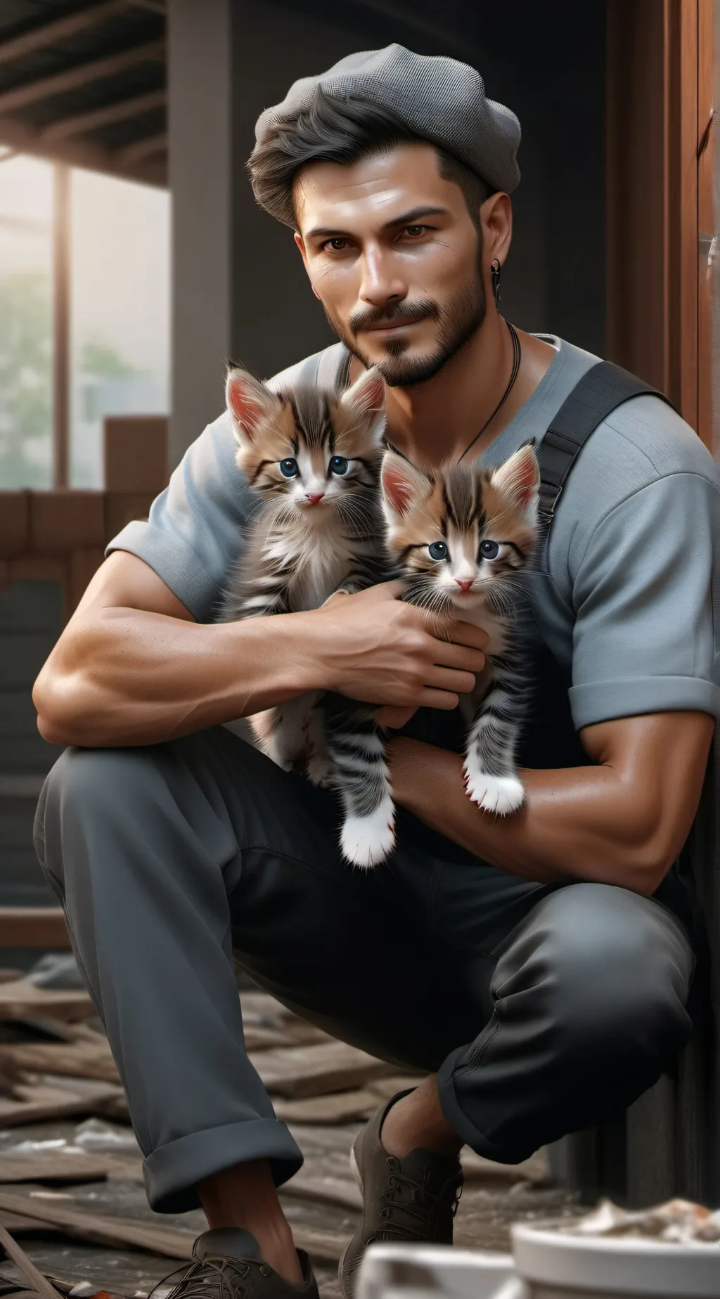 ai character: Man rescuing cat background