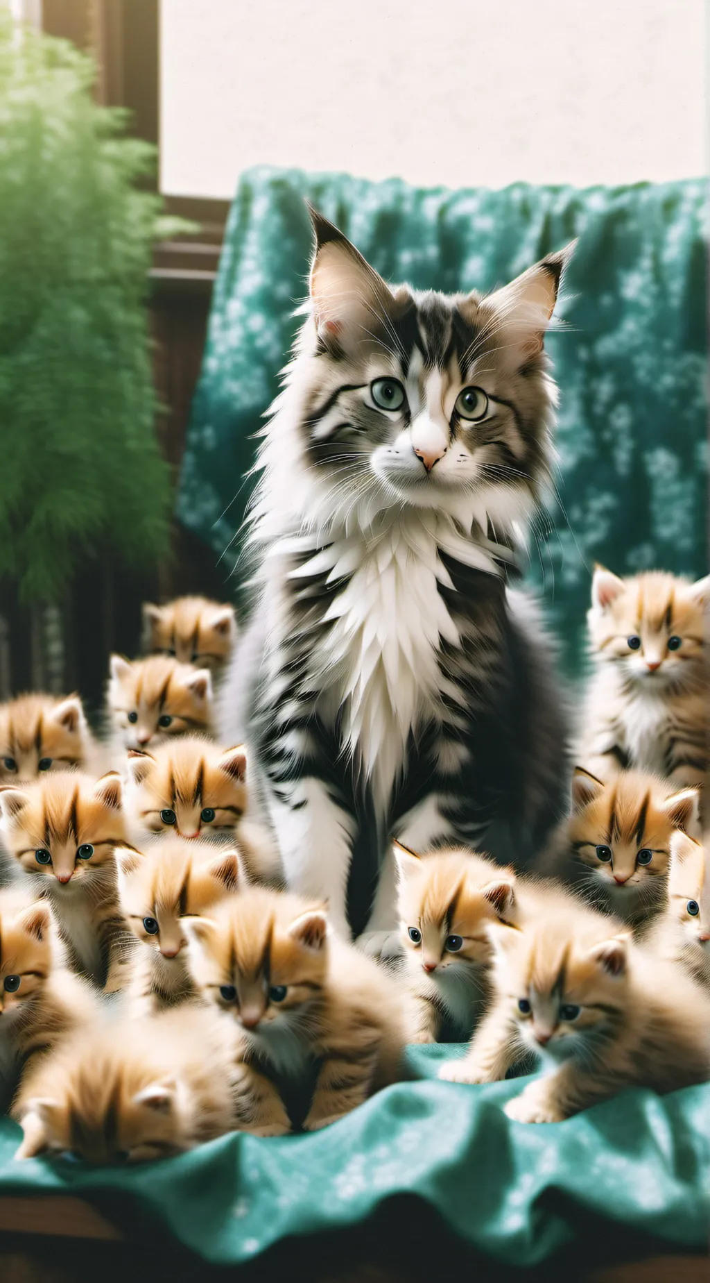 ai character: mama cat kittens background