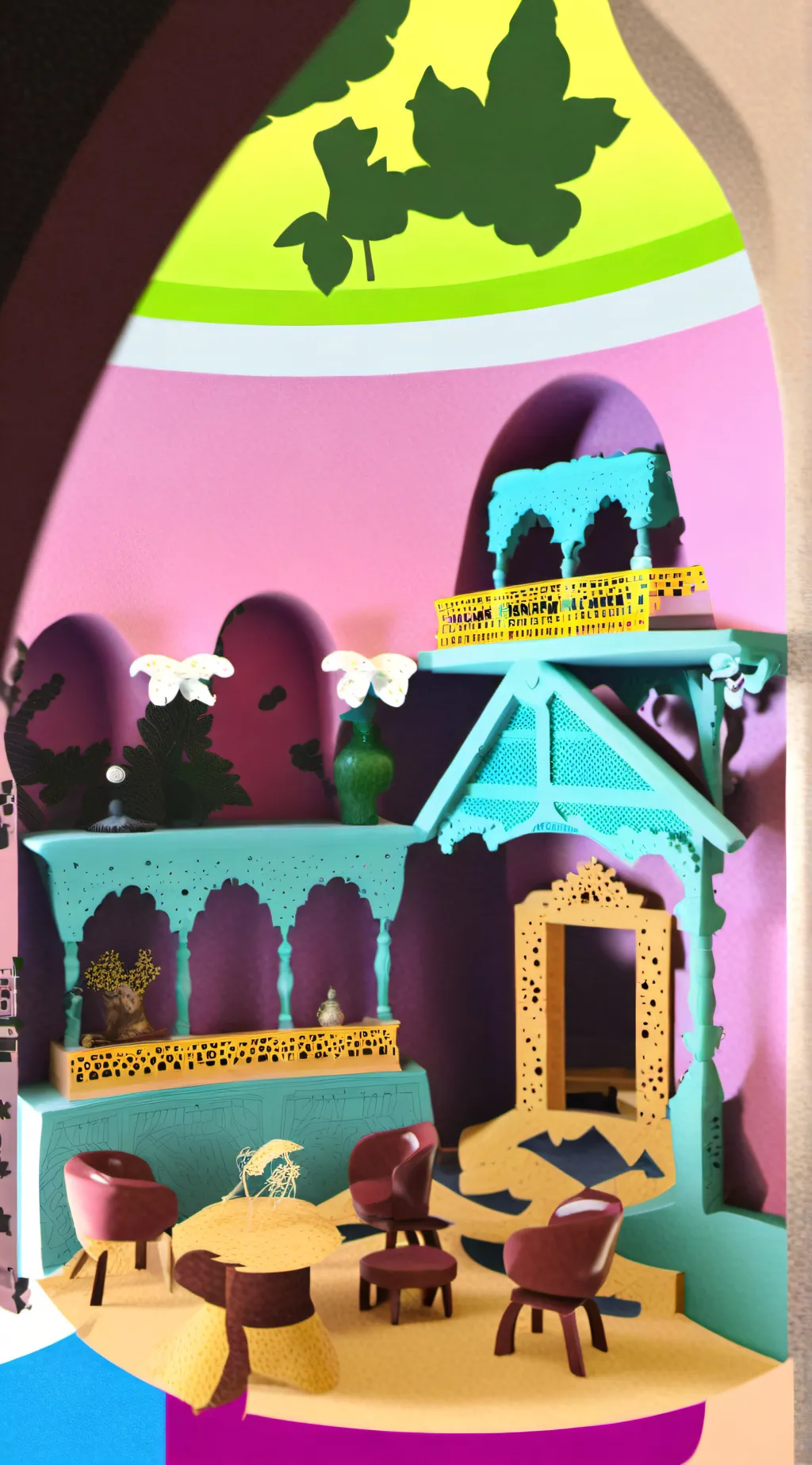 ai character: Barbie doll house background
