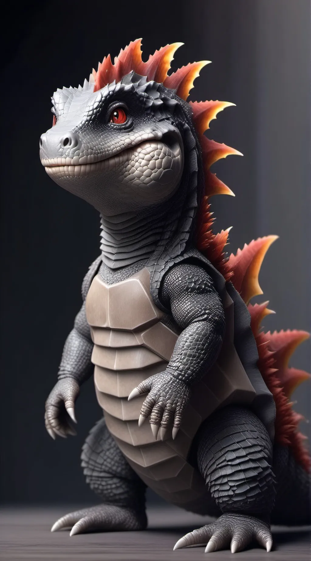ai character: baby godzilla  background
