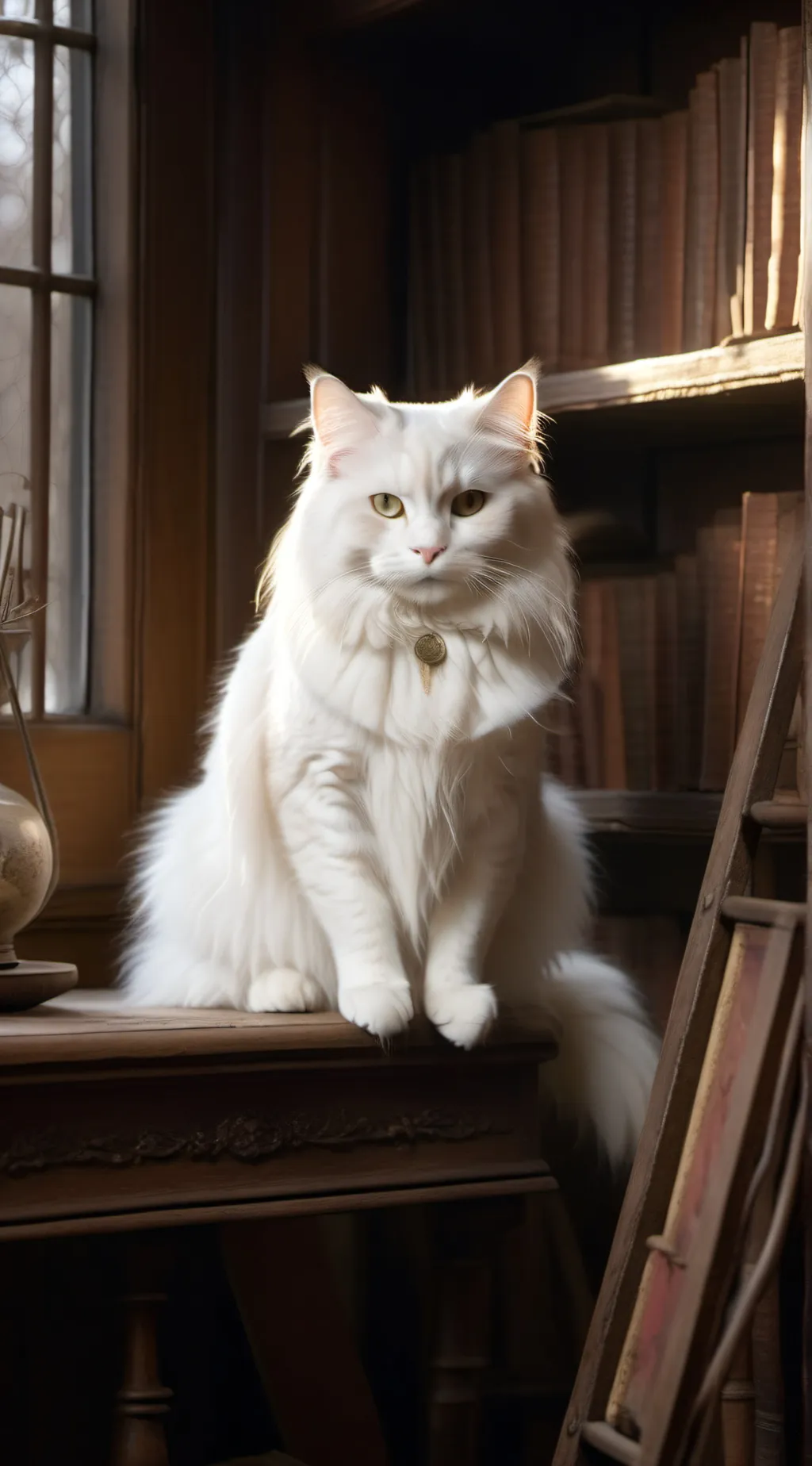ai character: White stray cat background